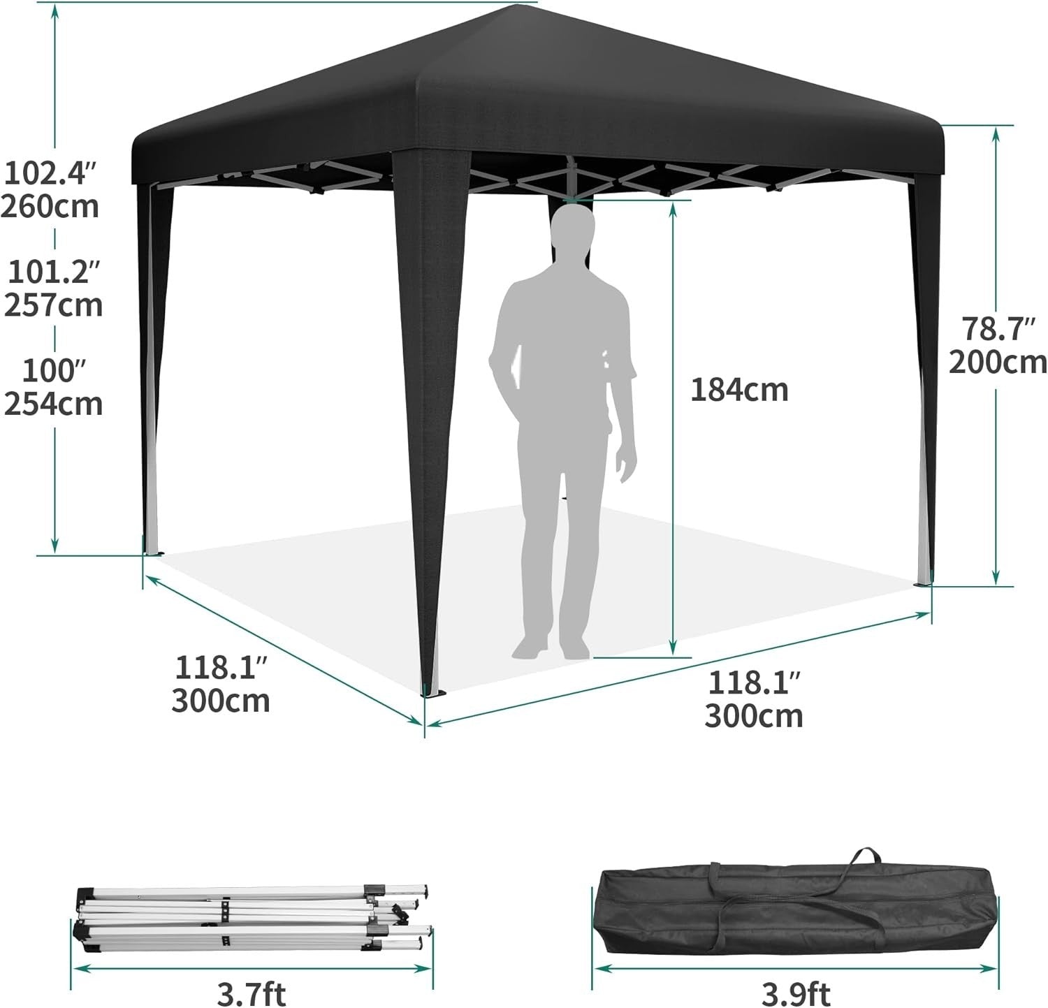 3x3M Heavy Duty Black Gazebo Waterproof Folding Garden Party Tent with Bag