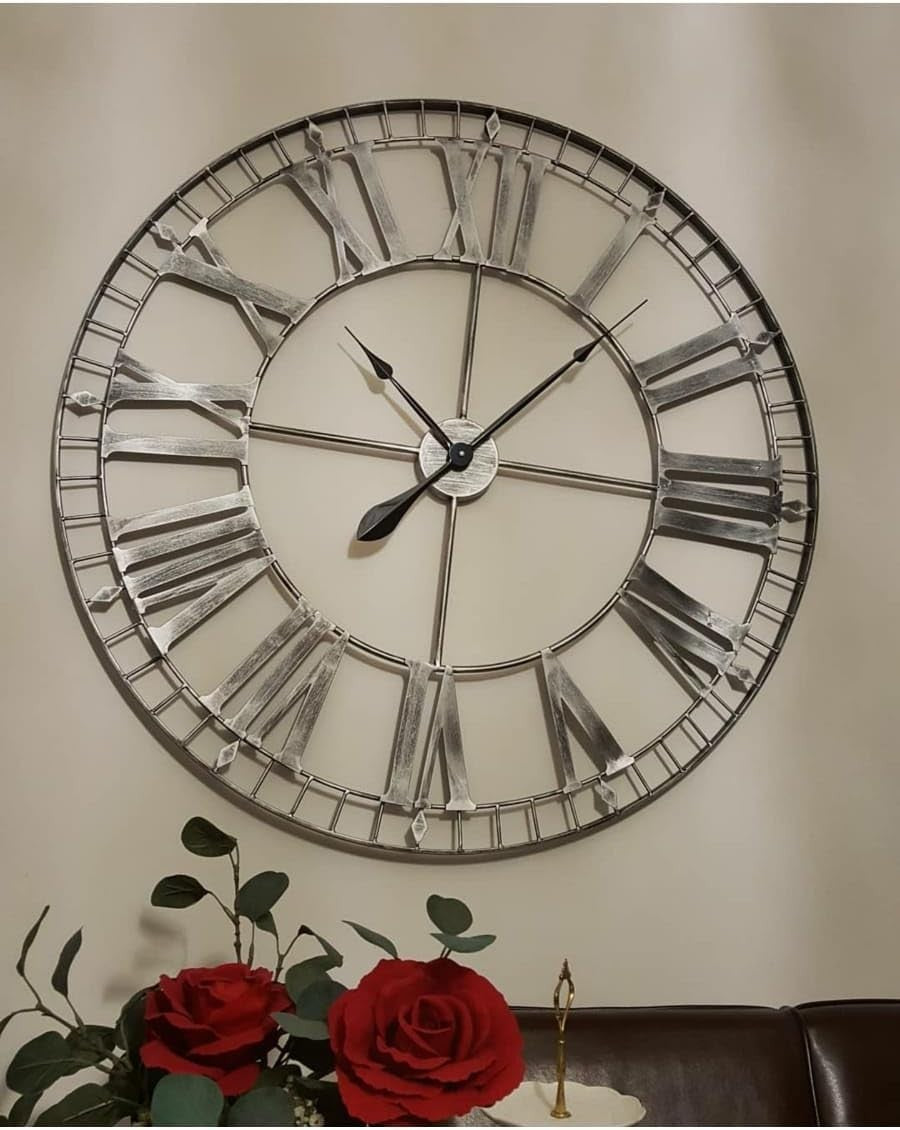 Extra Large 88cm Skeleton Wall Clock Rustic Silver Metal Roman Numerals Decor