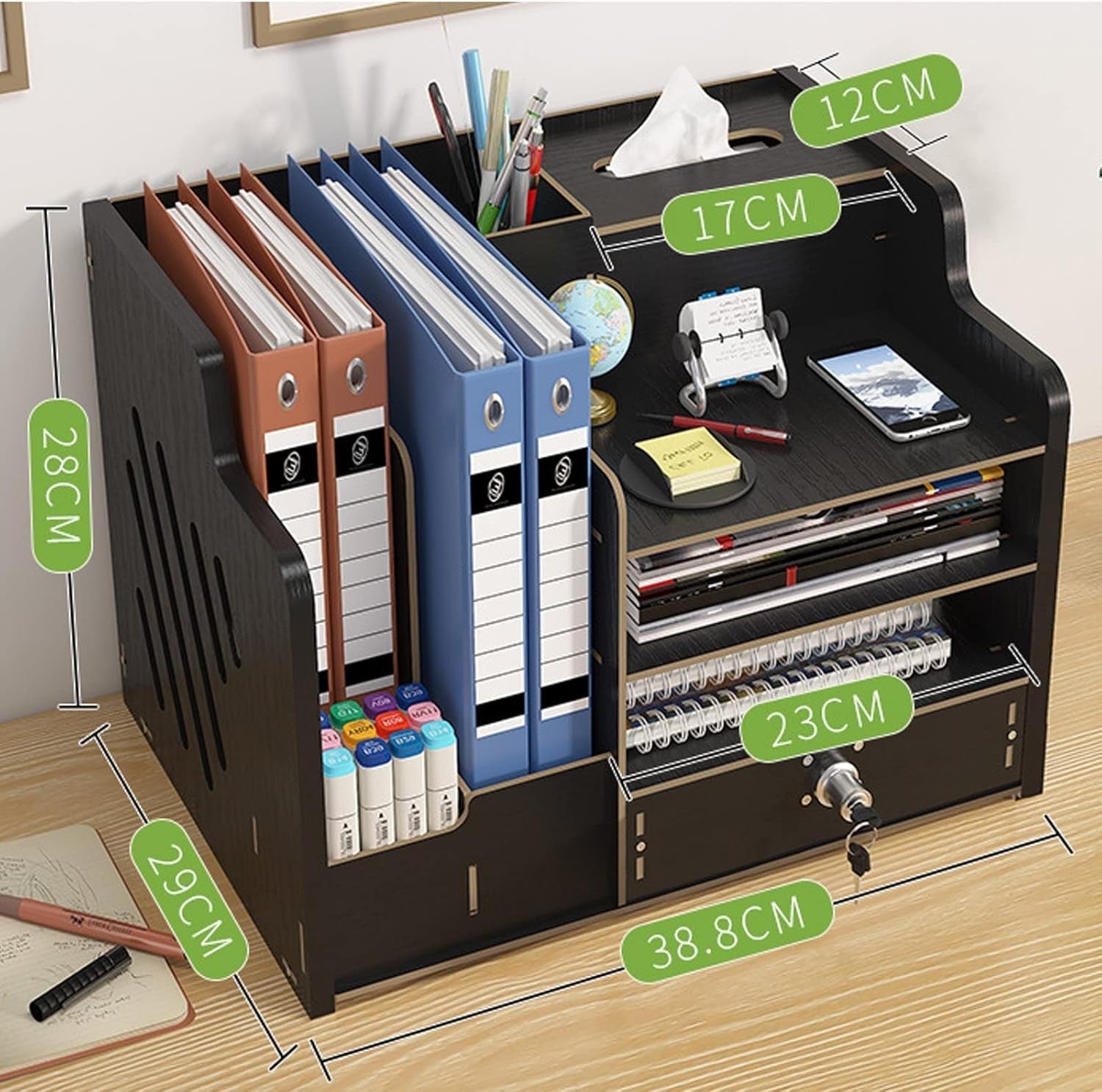 Black Desk Organiser with Drawer 9-Compartment Desktop Storage