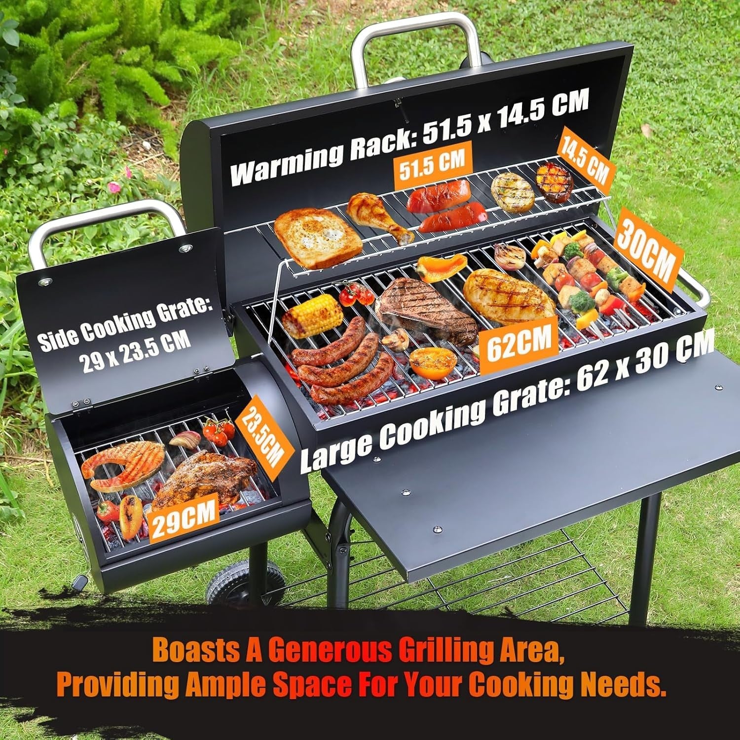 Large Charcoal BBQ Grill with Offset Smoker | Built-In Thermometer