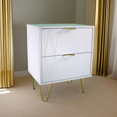 Modern White 2 Drawer Bedside Table with Gold Legs – Bedroom Side Cabinet