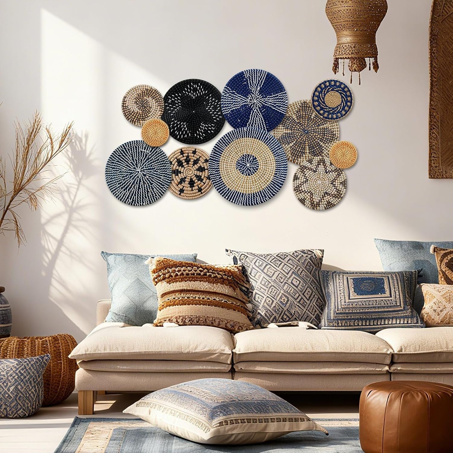 11PCS Boho Woven Wall Baskets Bulrush Farmhouse Decor Clr Blue