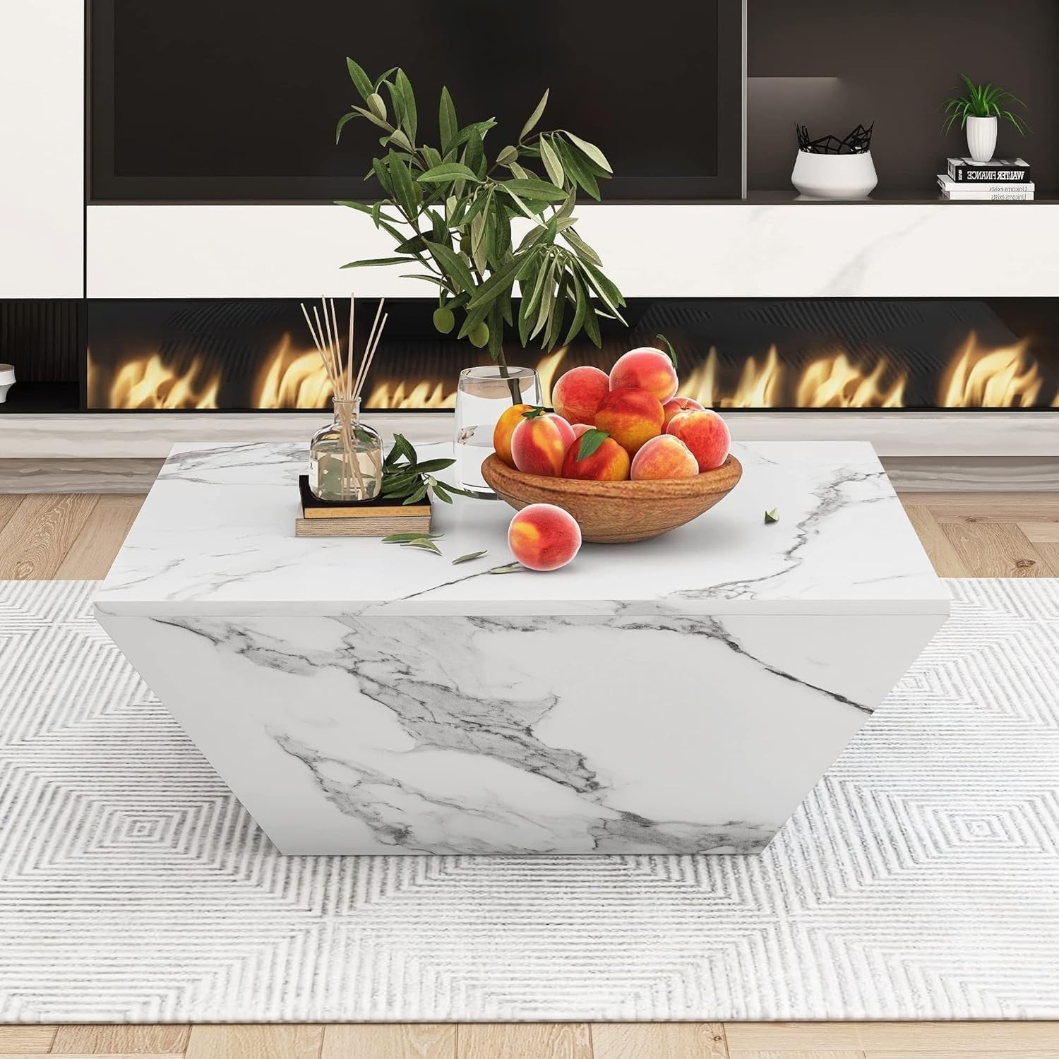 White Marble Veneer Coffee Table with Storage 70x70x36cm Square Side Table