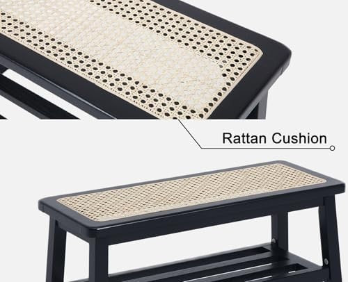 Black Mid-Century Rattan Dining Bench Ottoman with Storage Seat