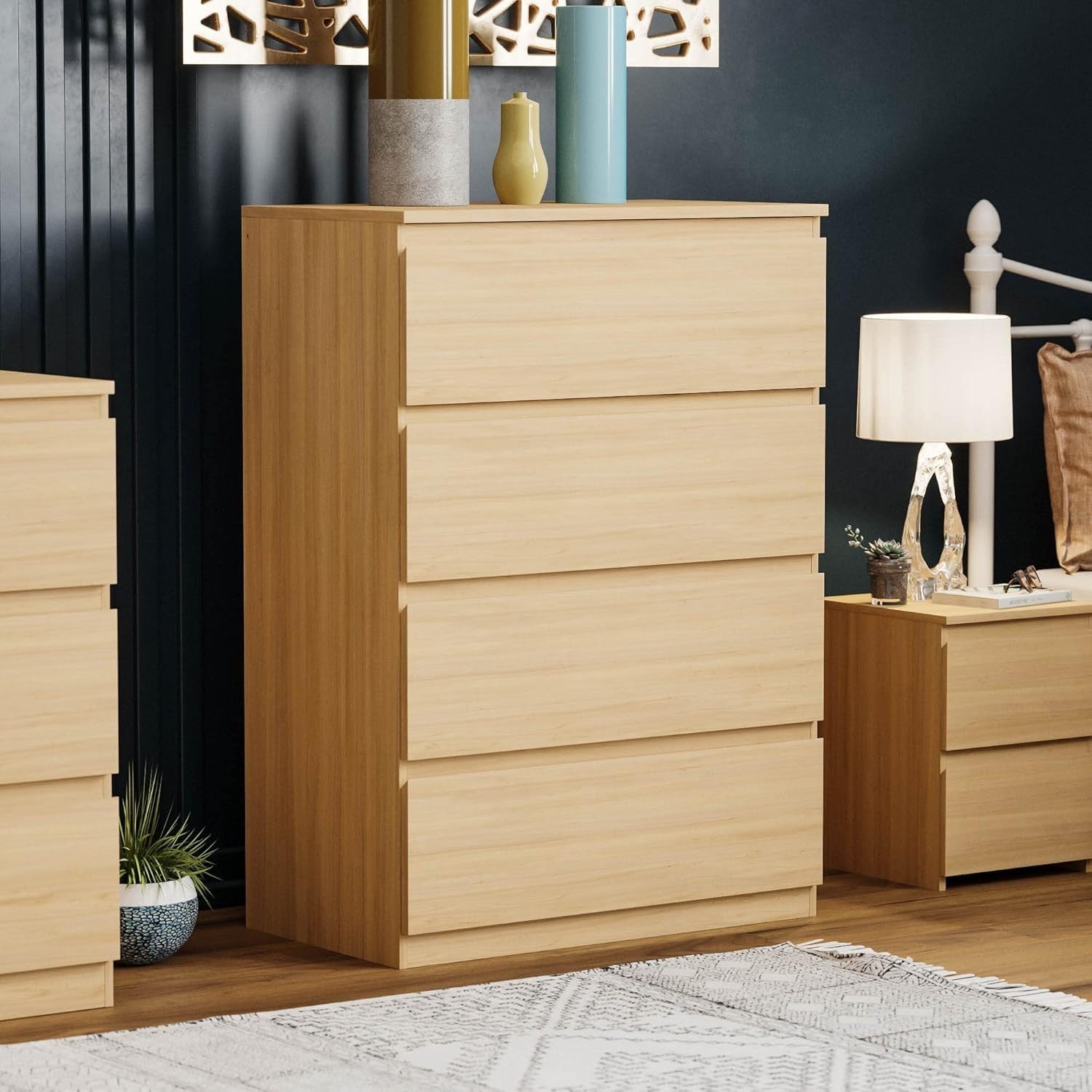 Modern 4 Drawer Chest Pine Wood Storage Unit – Slim Bedroom Dresser