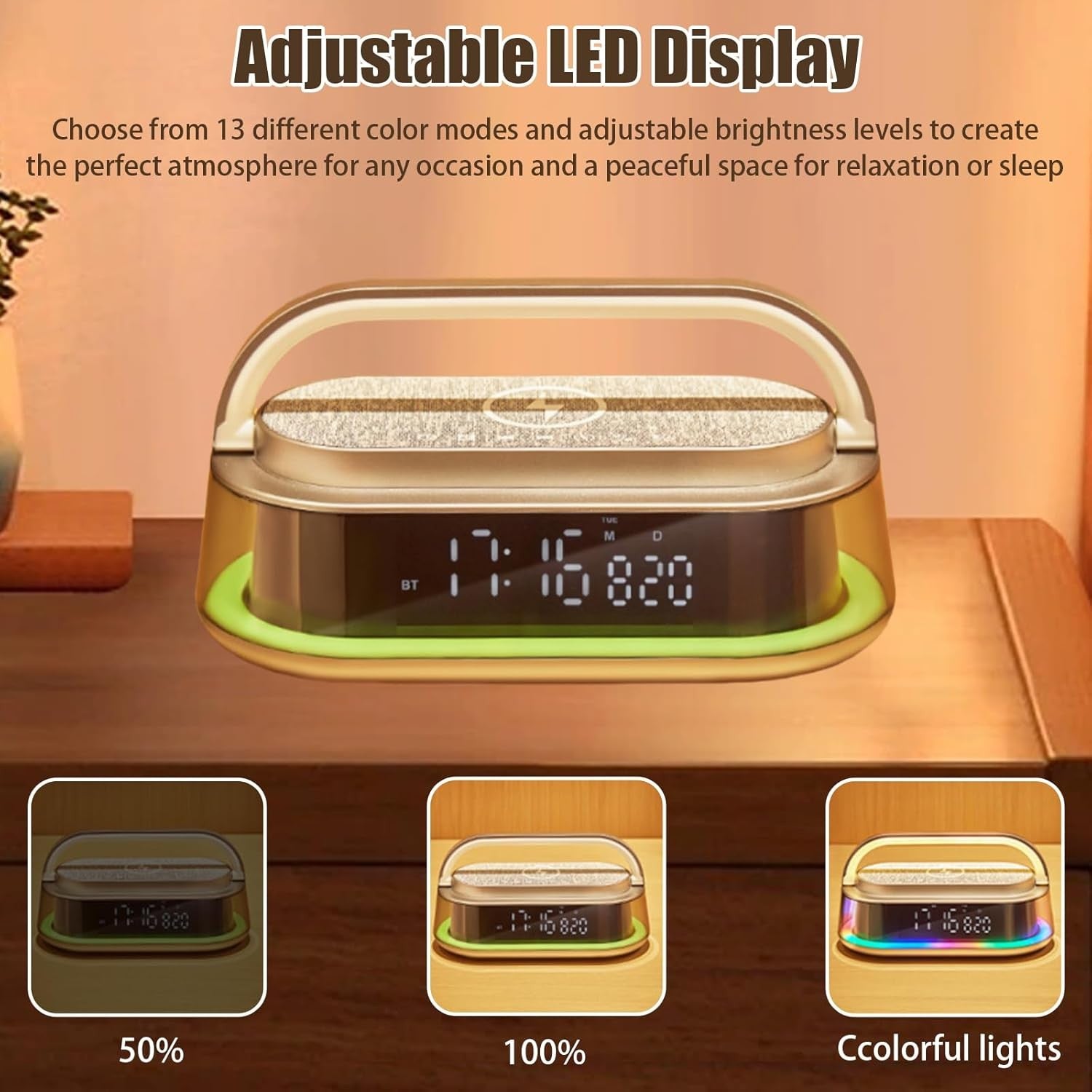 Bluetooth Radio Alarm Clock Wireless Charging Speaker LED Night Light