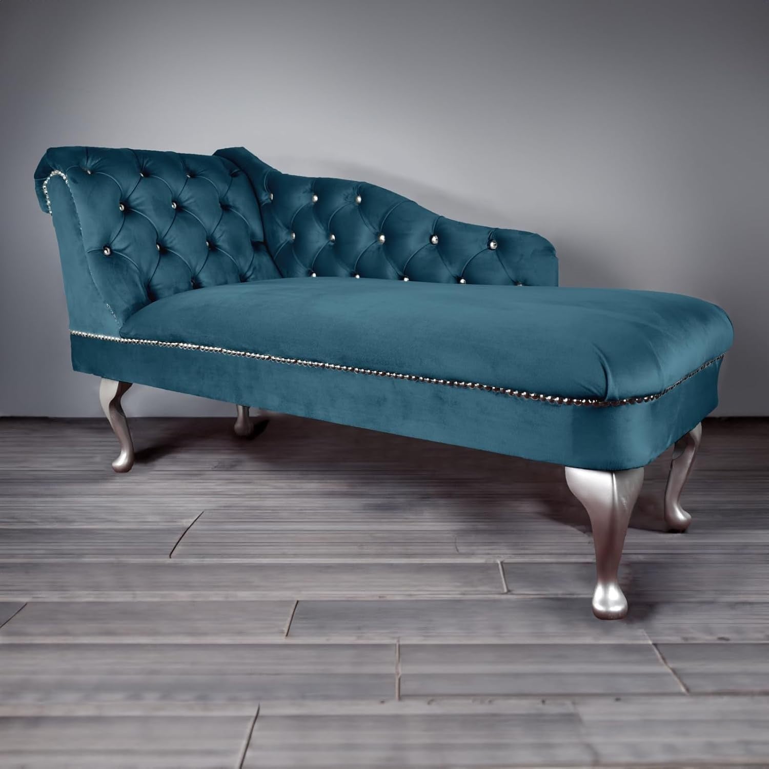 Tufted Teal Velvet Chaise Lounge Sofa Left Hand – Handmade, Compact & Elegant