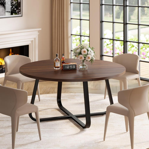 Round Walnut Dining Table 4-6 Seater Wood Metal Kitchen Home 130cm