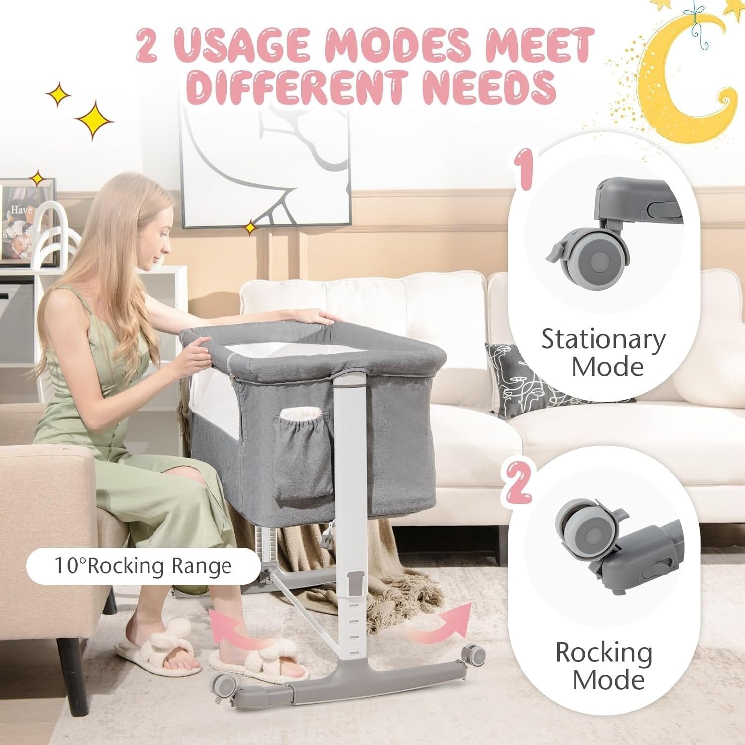 3in1 Baby Bassinet Bedside Crib Co-Sleeper Cot with Mattress & Wheels Light Grey