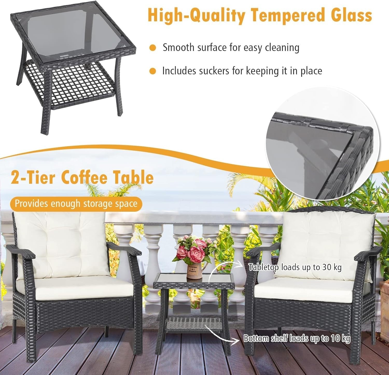 Outdoor Rattan Bistro Set 3-Piece Patio Sofa Table Chairs Cushions Garden