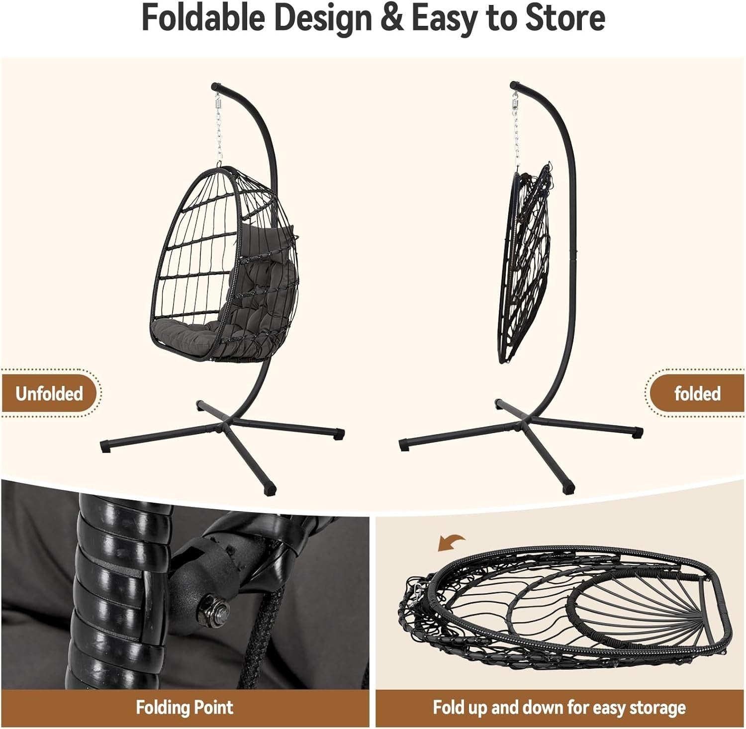 Hanging Egg Chair with Stand Indoor Outdoor Rattan Swing Seat Cushion
