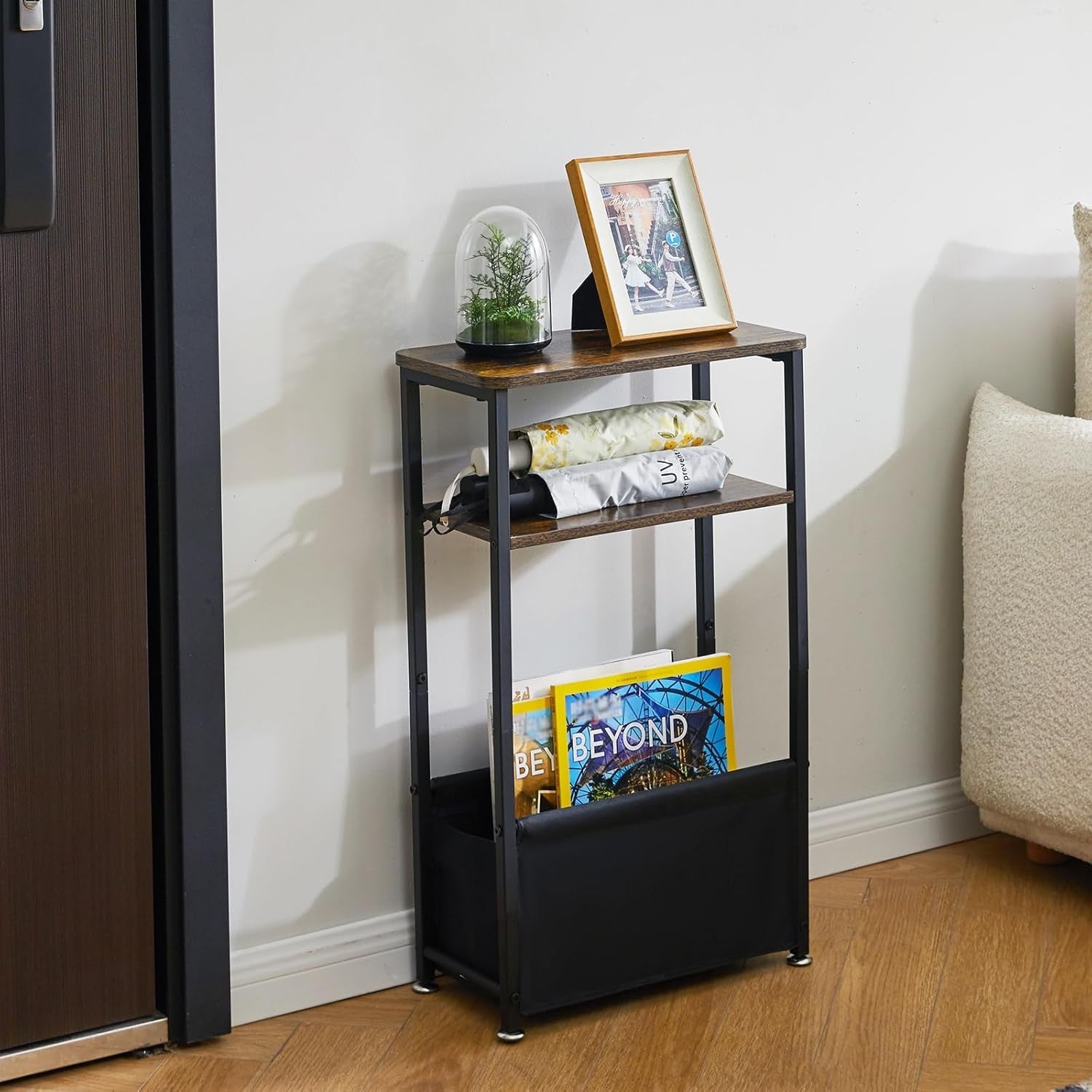 Slim 3-Tier Side Table with Storage Basket – Narrow Rustic Bedside/End Table for