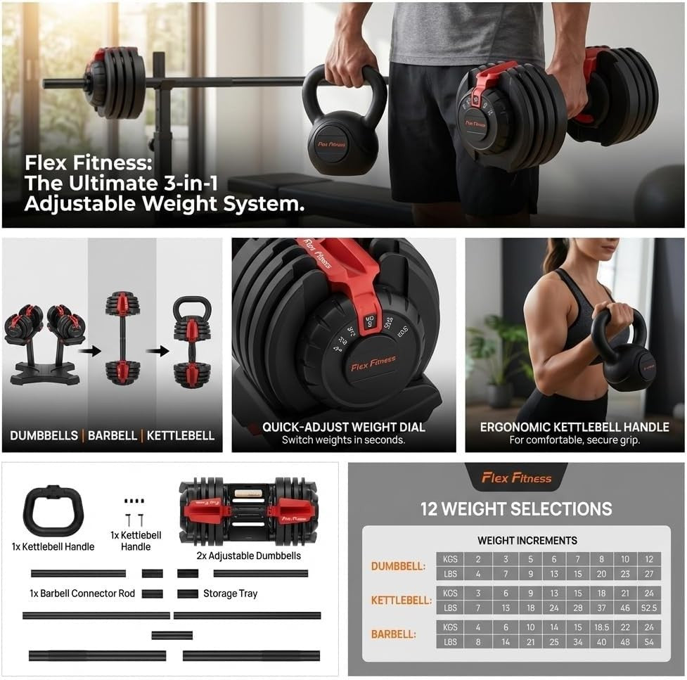 3-in-1 Adjustable Dumbbells 2–24KG Pair Quick Dial Home Gym Weights