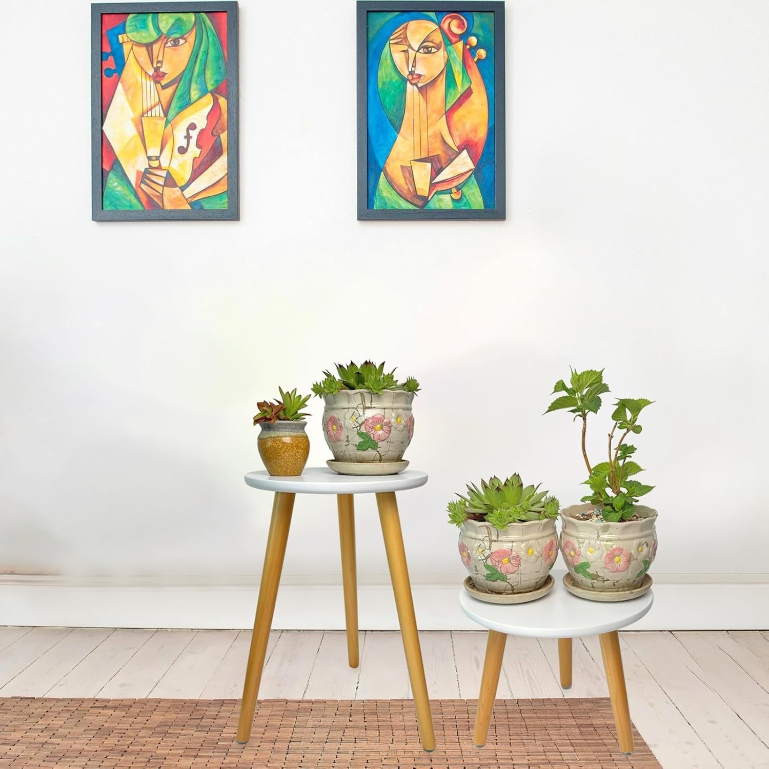 Wooden Plant Stands | White Round Flower Pot Tables for Modern Home Decor