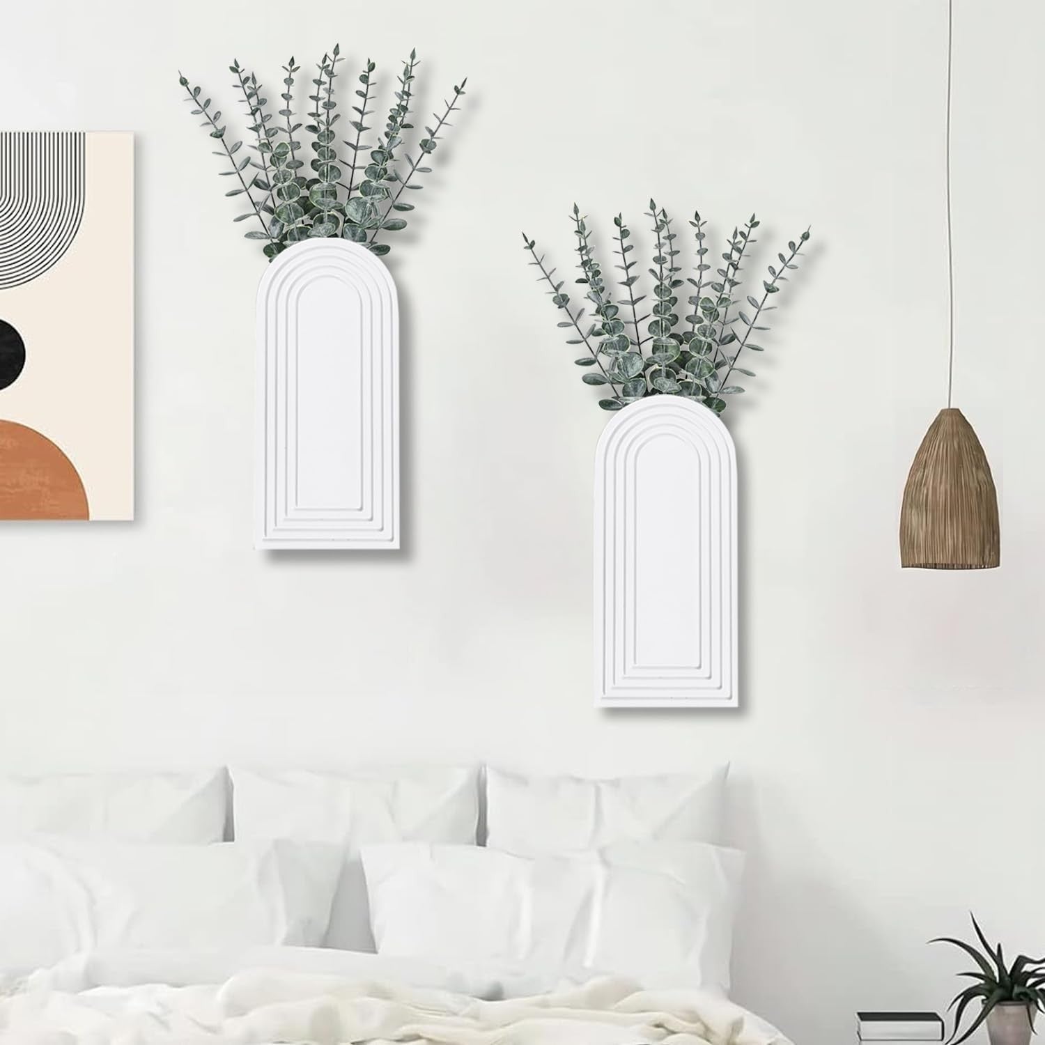 Modern Wall Wood Vase Set of 2 White Farmhouse Entryway Hanging Decor