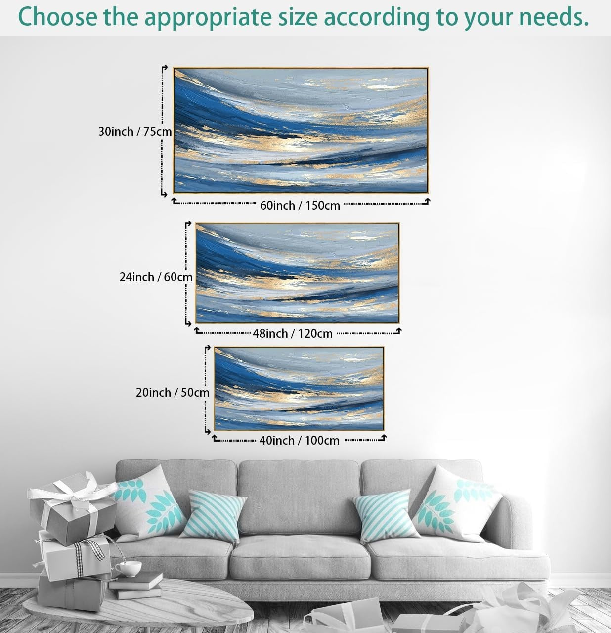 Blue Gold Abstract Canvas Wall Art – Large Framed Painting 40x20in