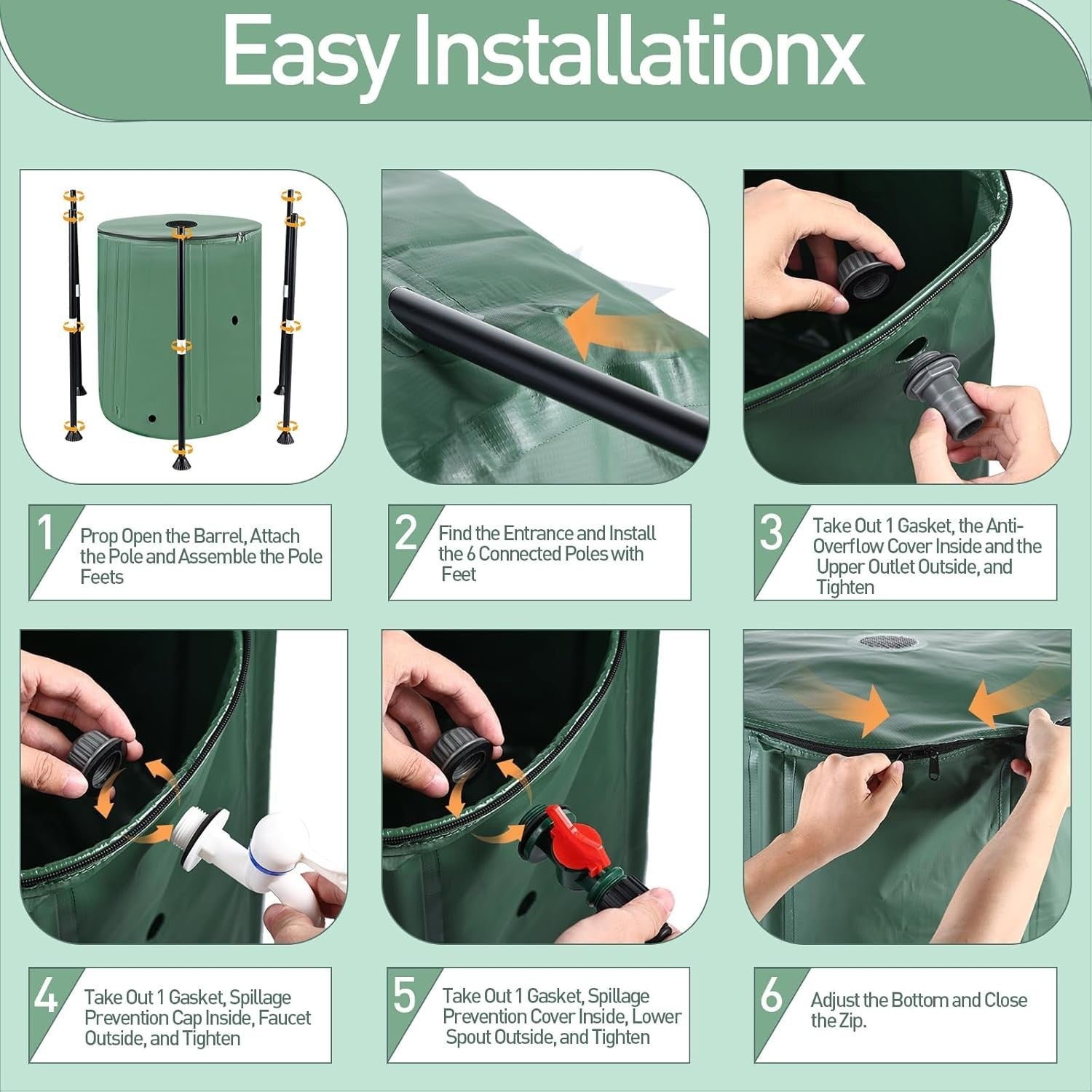 200L Collapsible Green Rain Barrel with Filter, Spigots & Overflow Kit