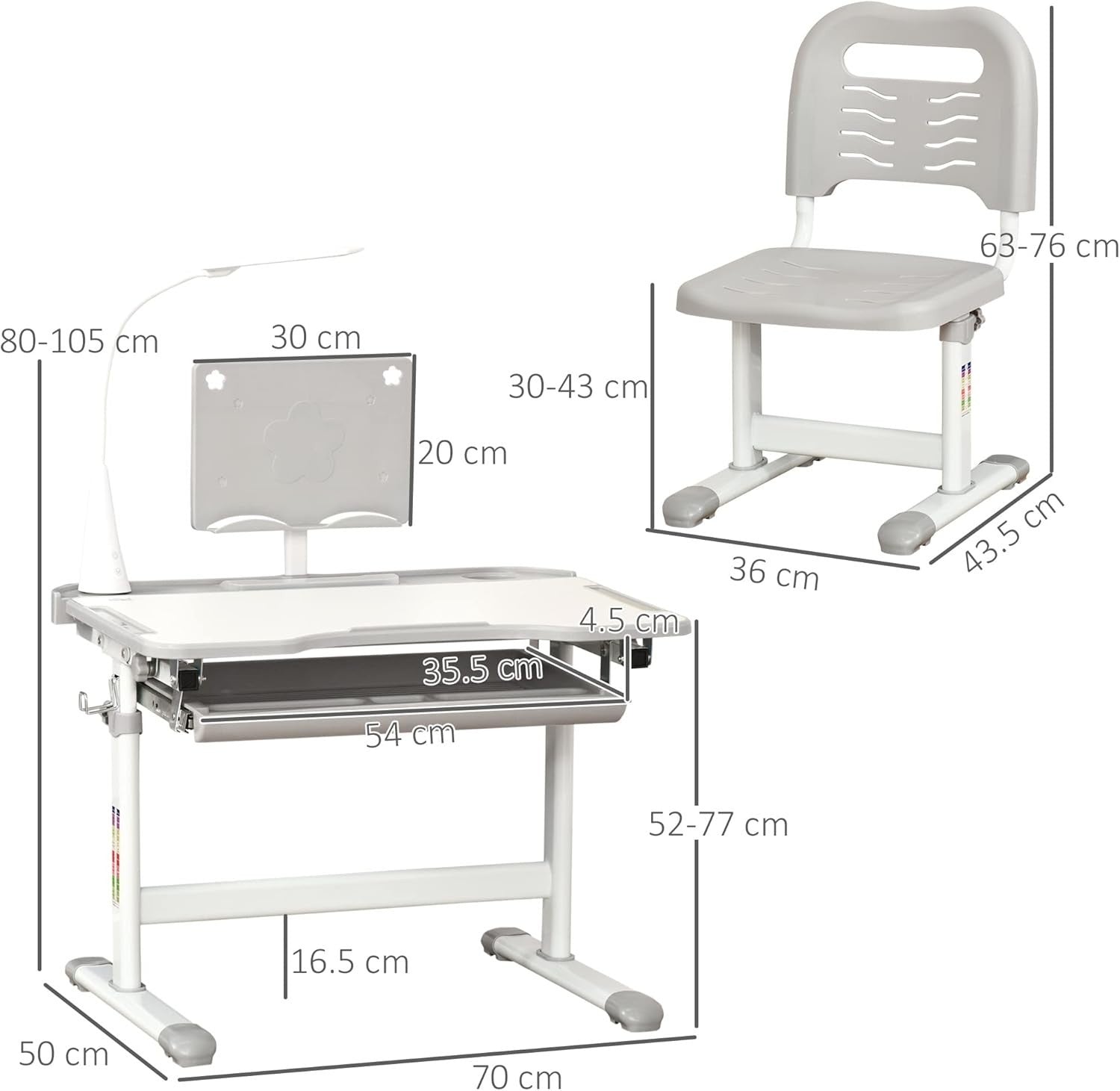 Height Adjustable Kids Study Desk Chair Set with Lamp & Storage Drawer