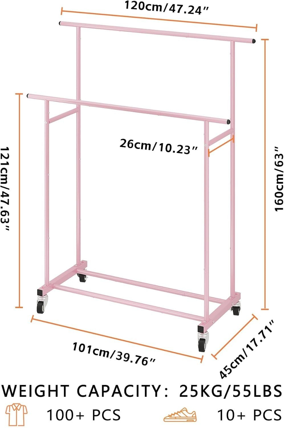 Pink Double Rod Clothes Rack with Wheels & Storage Shelf