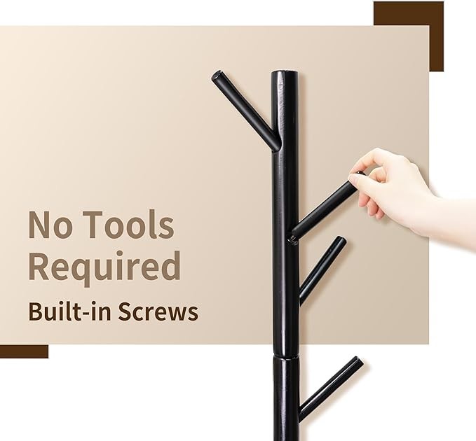 Black Bamboo Coat Rack Freestanding with 8 Hooks | Modern Hall Tree Stand