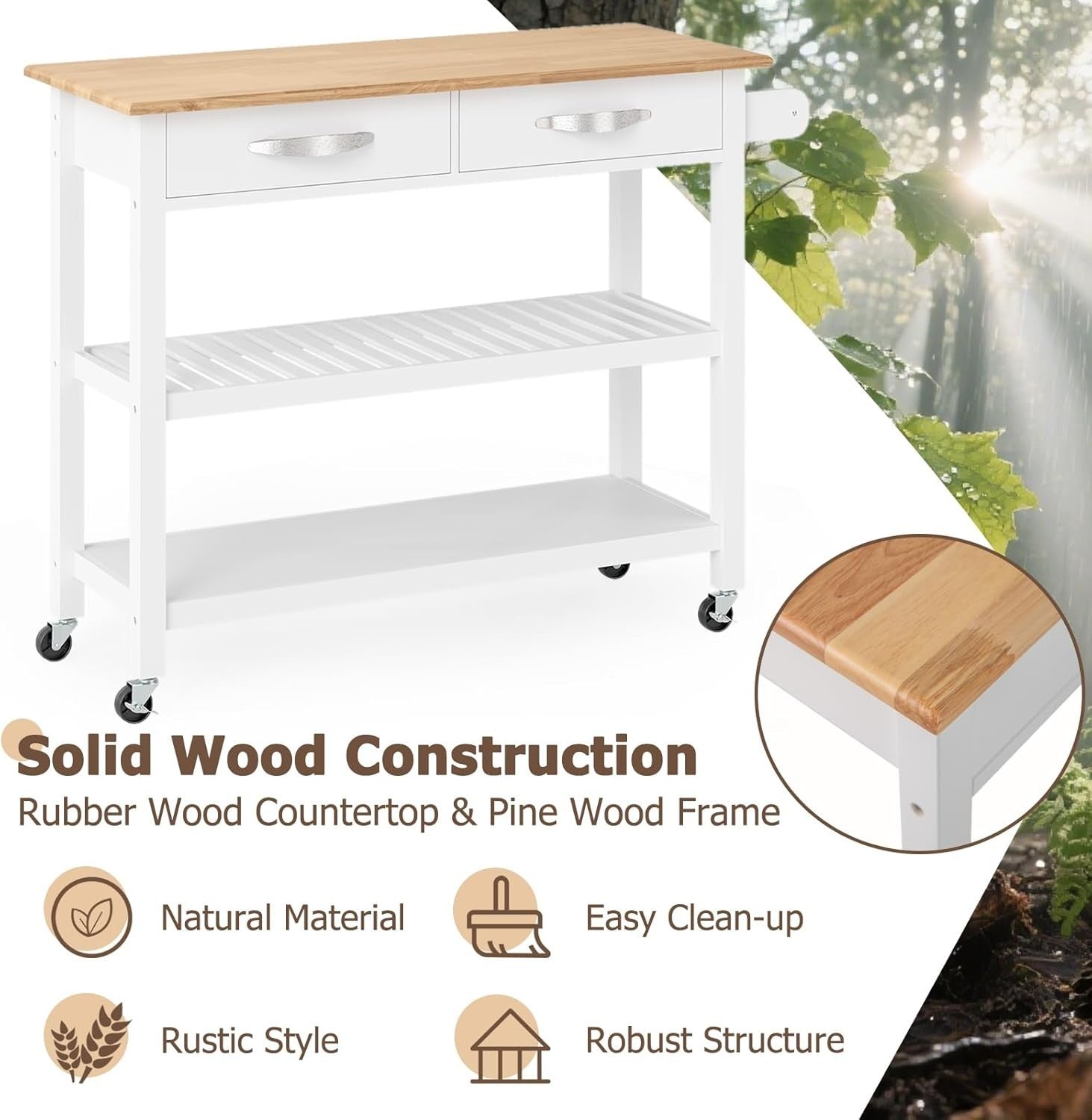 White Kitchen Island Trolley 116x43x89cm w/ Drawers Shelves Wheels
