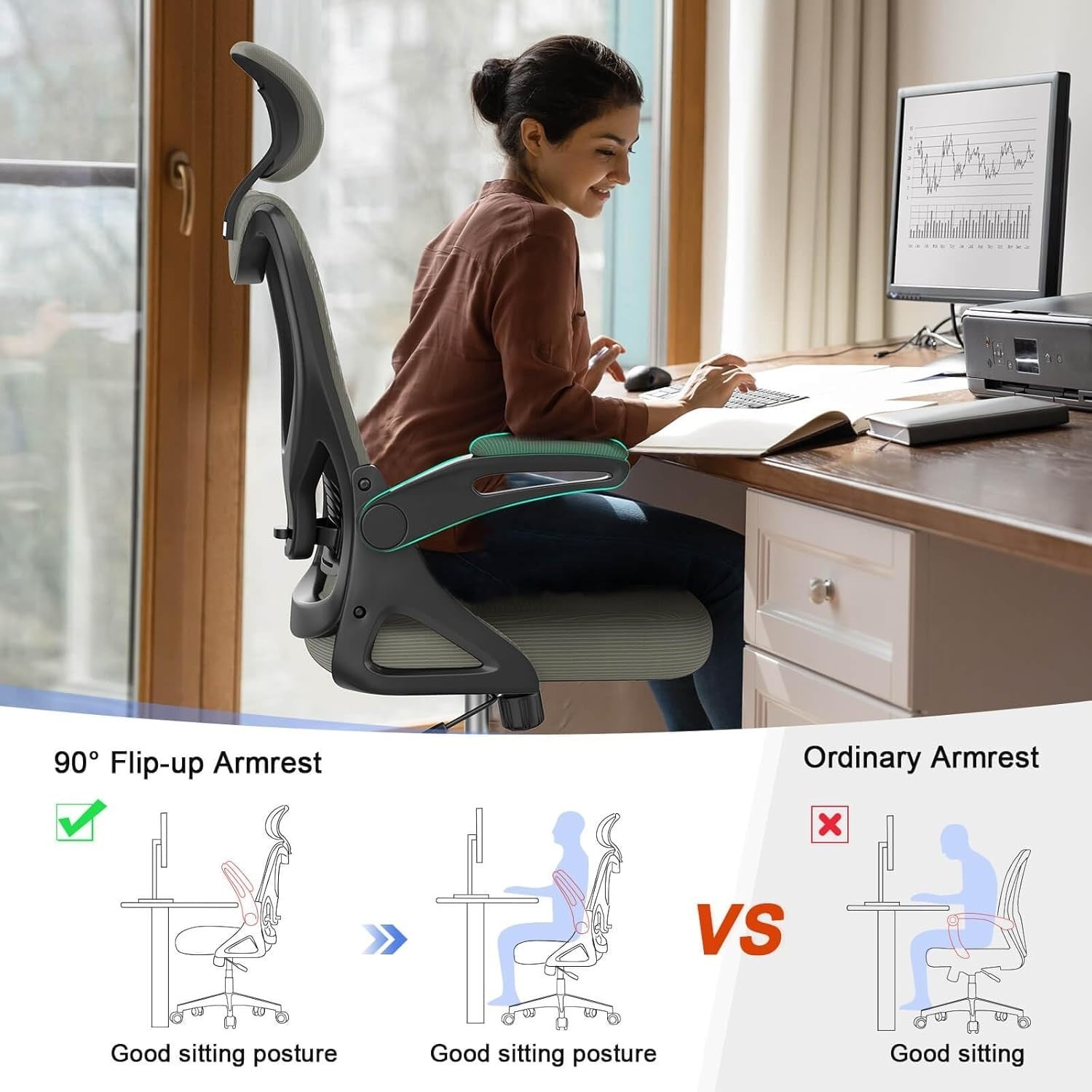Ergonomic Office Chair High Back Mesh Flip-Up Arms Adjustable Lumbar Grey New