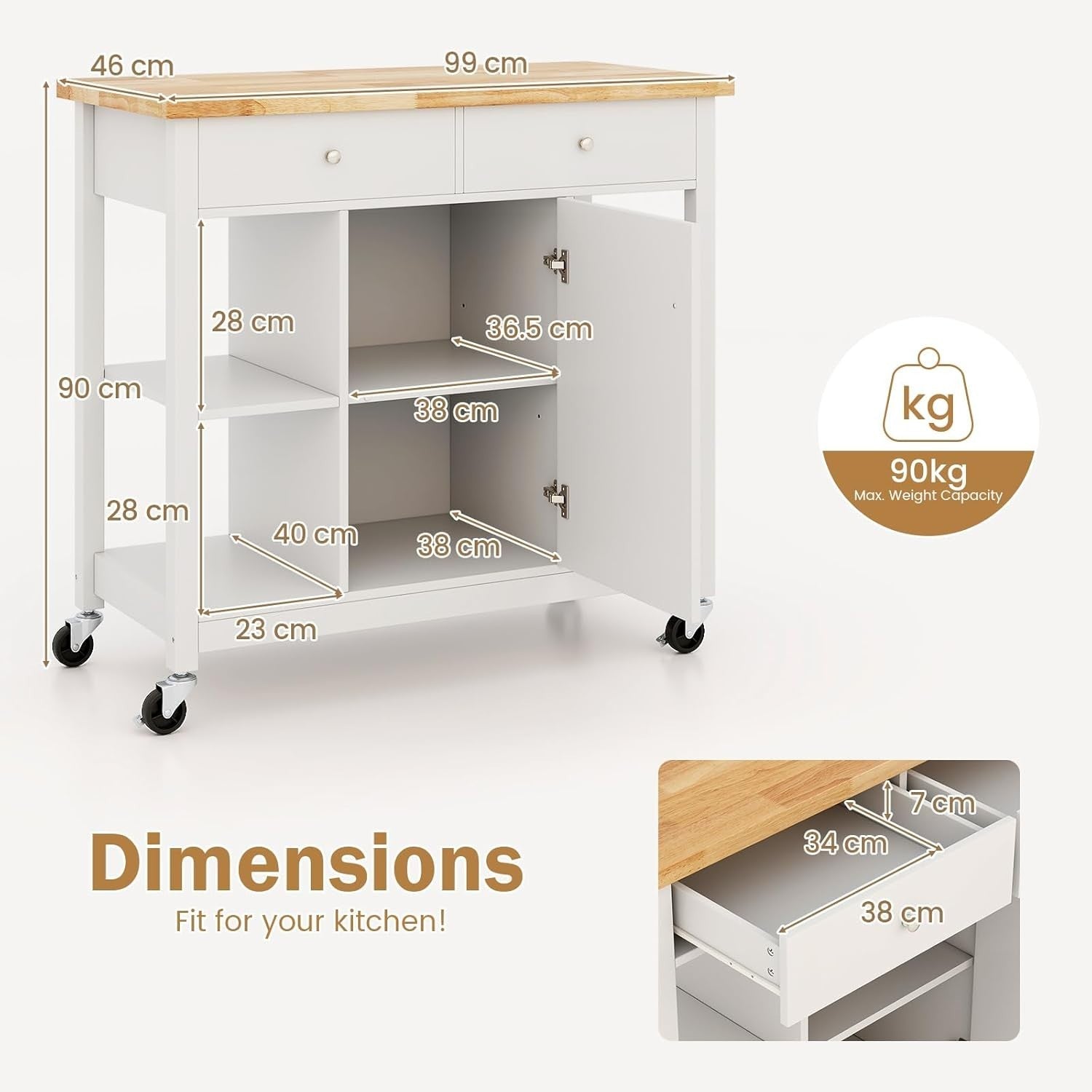 Kitchen Island Trolley with Drawers & Adjustable Shelf White 99x46x90cm
