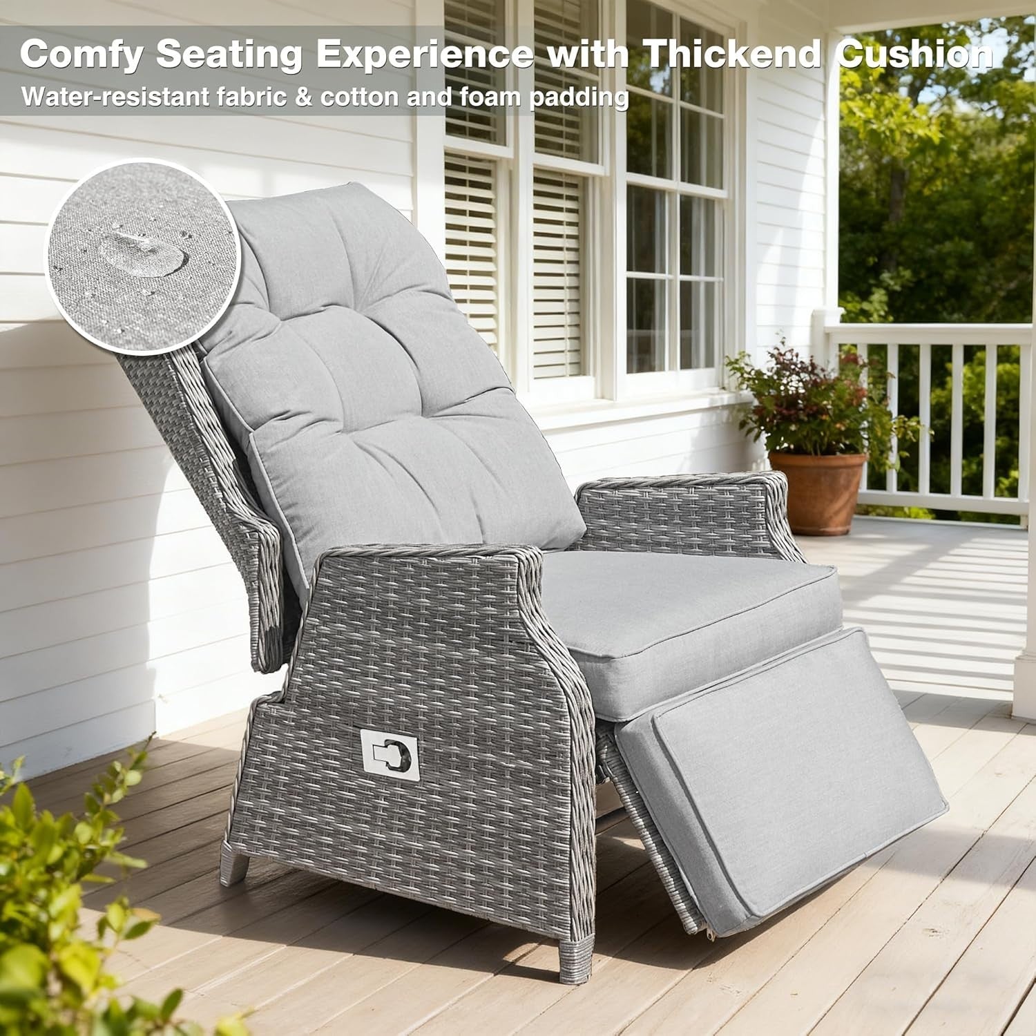 Rattan Recliner Chair Adjustable Sun Lounger with Cushions & Flip Side Table