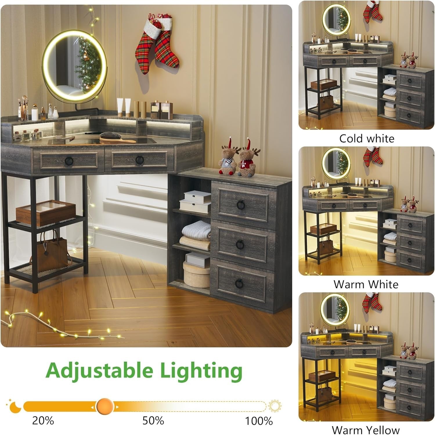 Large Rustic Dressing Table Makeup Vanity LED Light Mirror 5 Drawers Storage