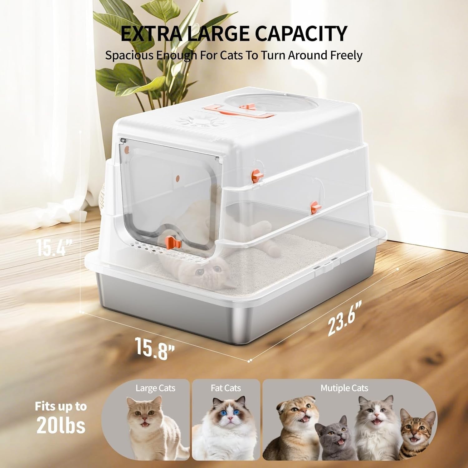 XL Stainless Steel Cat Litter Box Covered Leak Proof Odor Control White