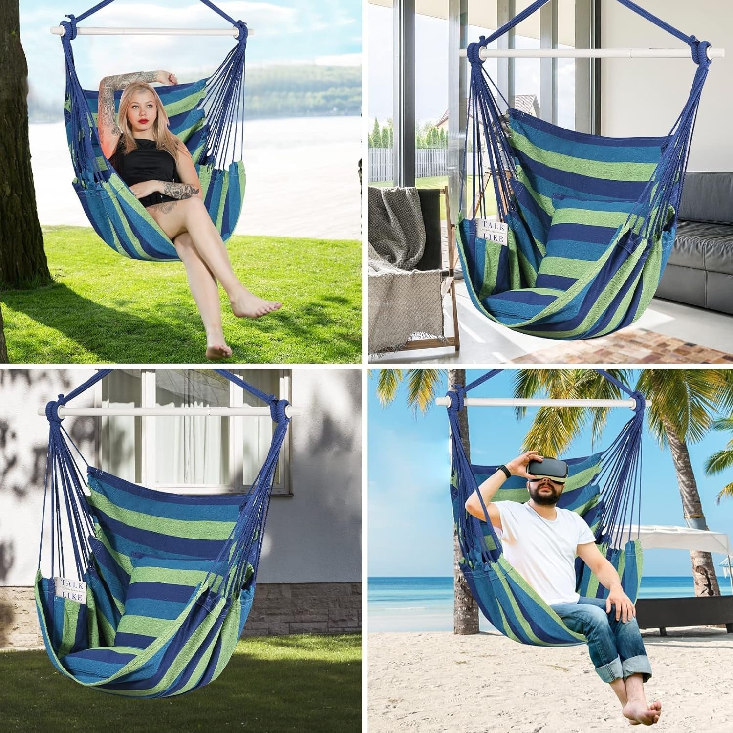 Cotton Hammock Swing Chair with Cushions, Detachable Support Bar, Portable
