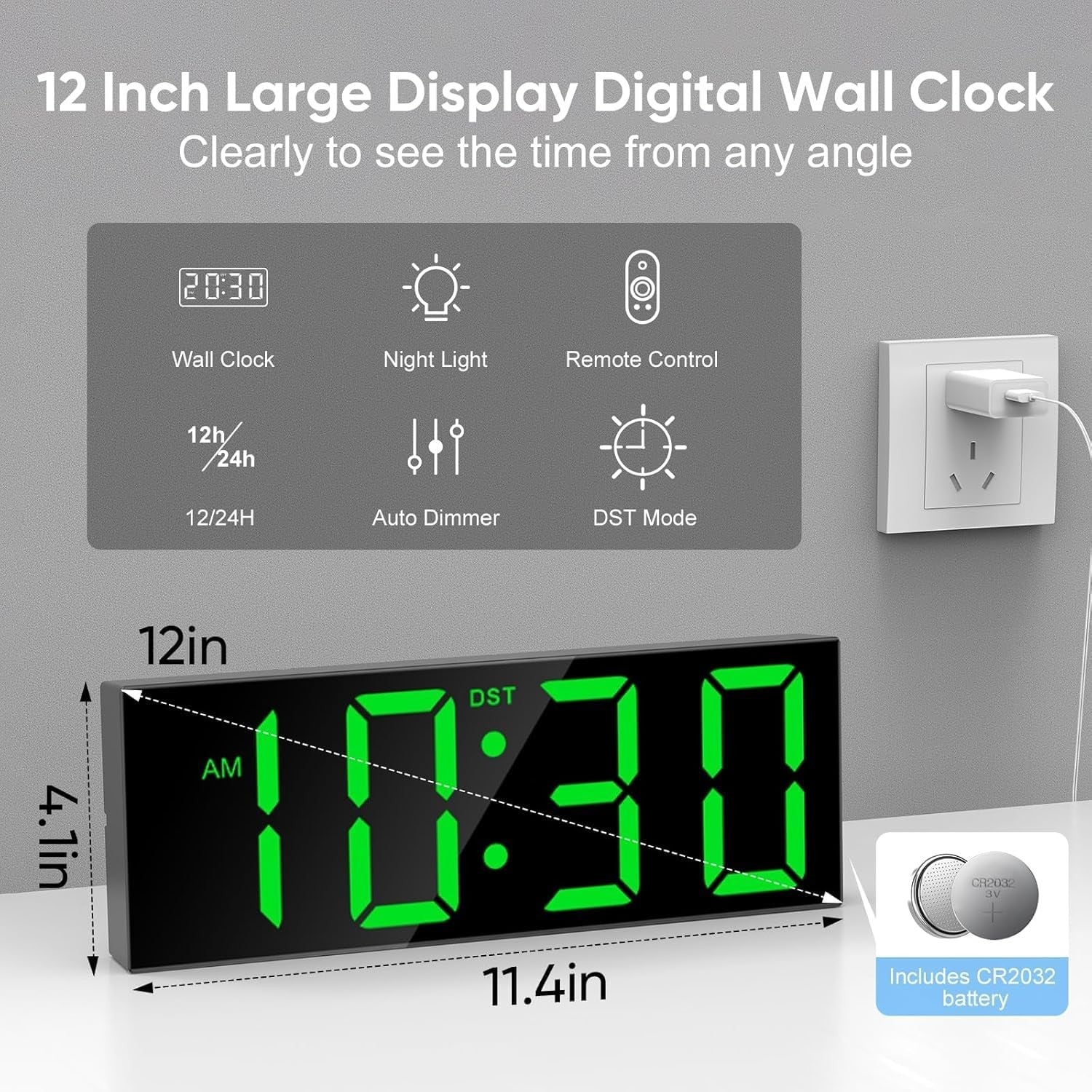 Large Digital Wall Clock LED Display 12/24H Big Numbers Night Light Remote