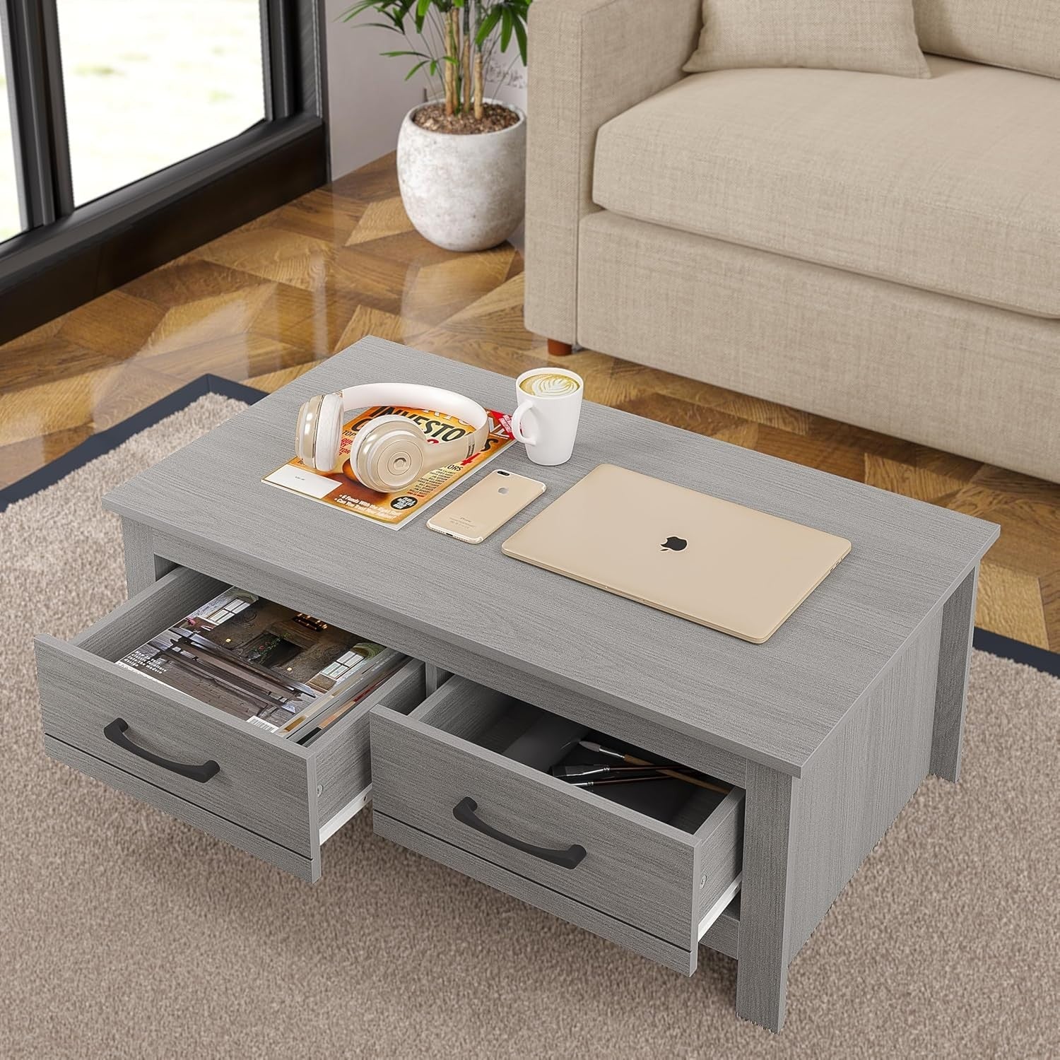 Dark Grey Coffee Table with 2 Drawers & Shelf 93x53x36cm Storage Unit