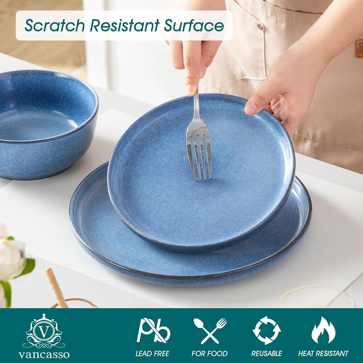 18pc Ceramic Dinner Set Blue Plates Bowls Microwave Dishwasher Safe