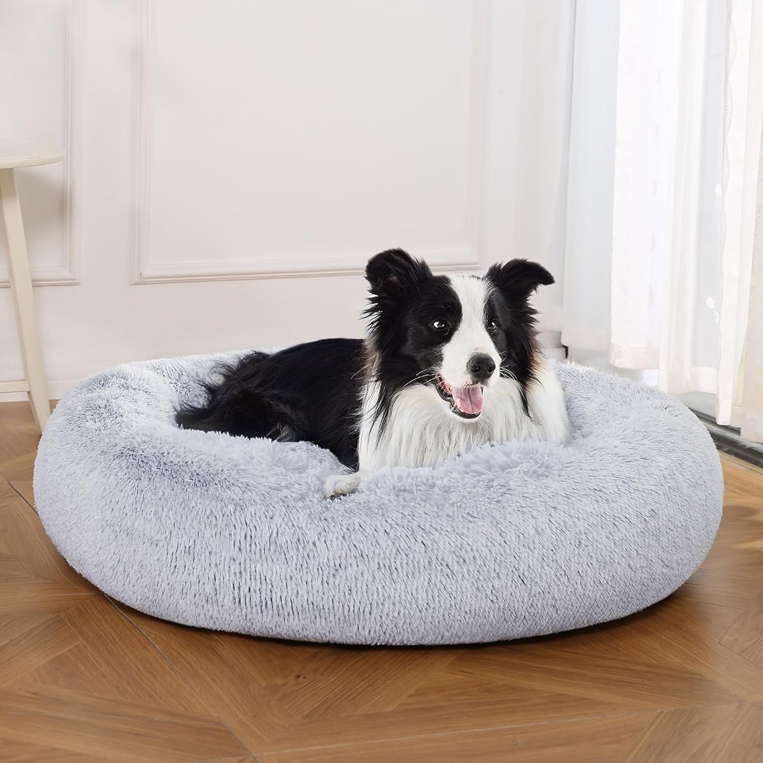 Large Plush Donut Dog Bed 91cm Faux Fur Washable Grey