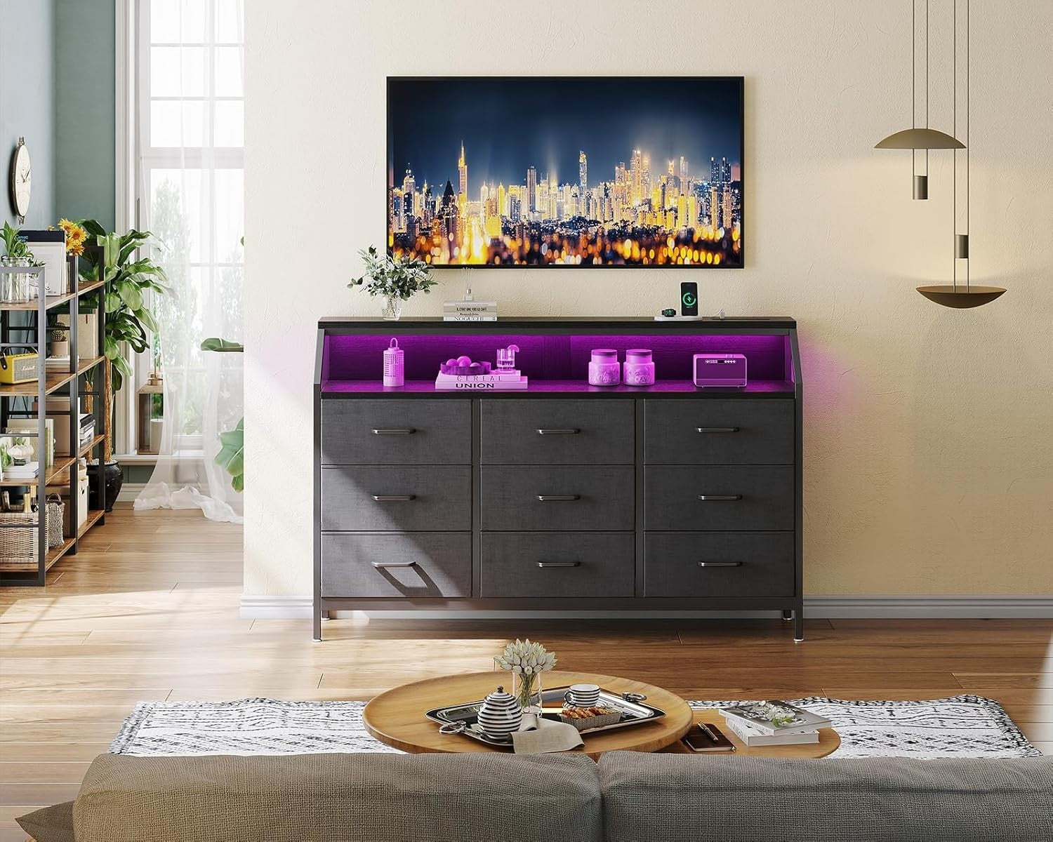Modern Black Chest of Drawers 9 Fabric Drawers USB Ports LED Light Strip