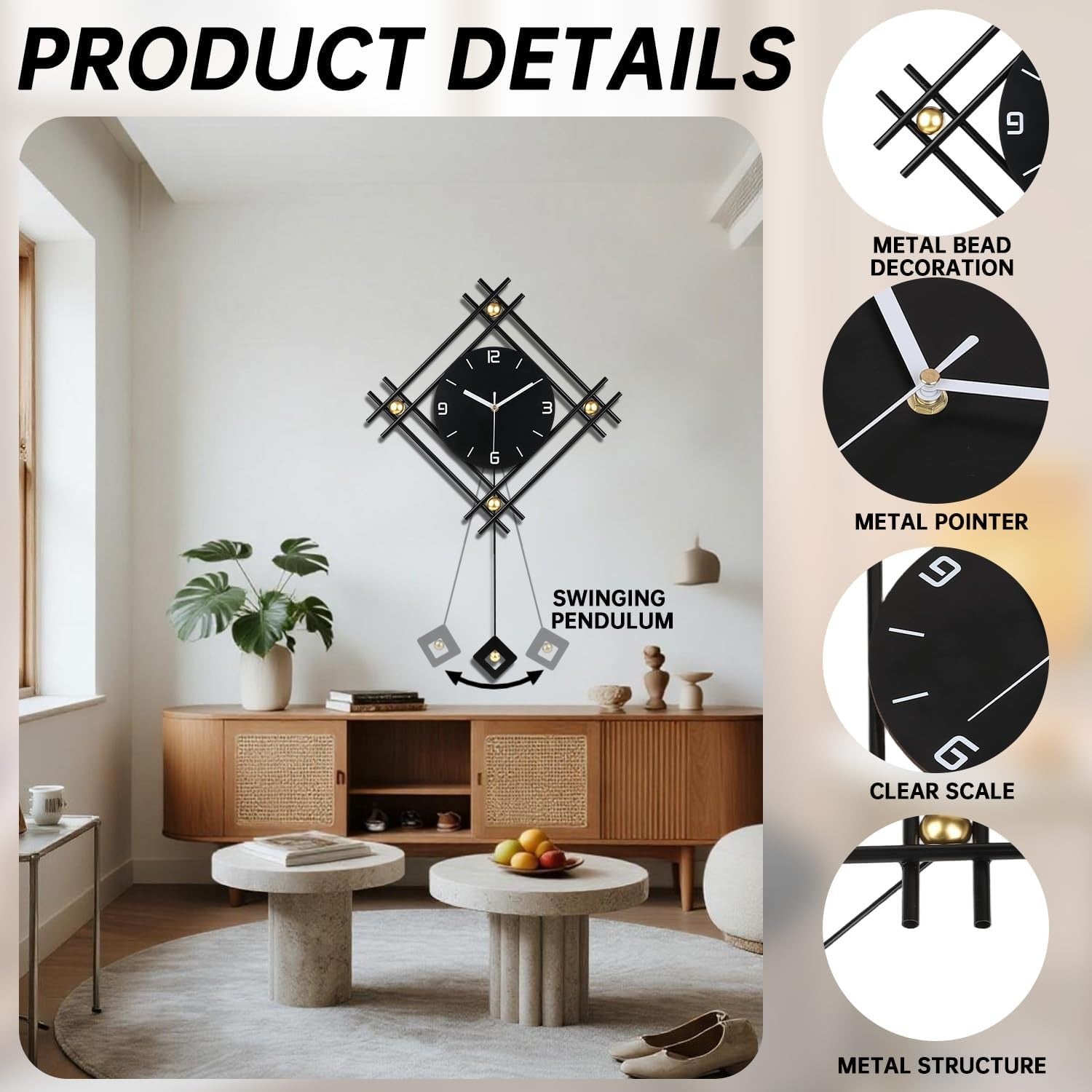 Modern Black Minimalist Pendulum Wall Clock – Silent Large Metal Decor 66×47cm