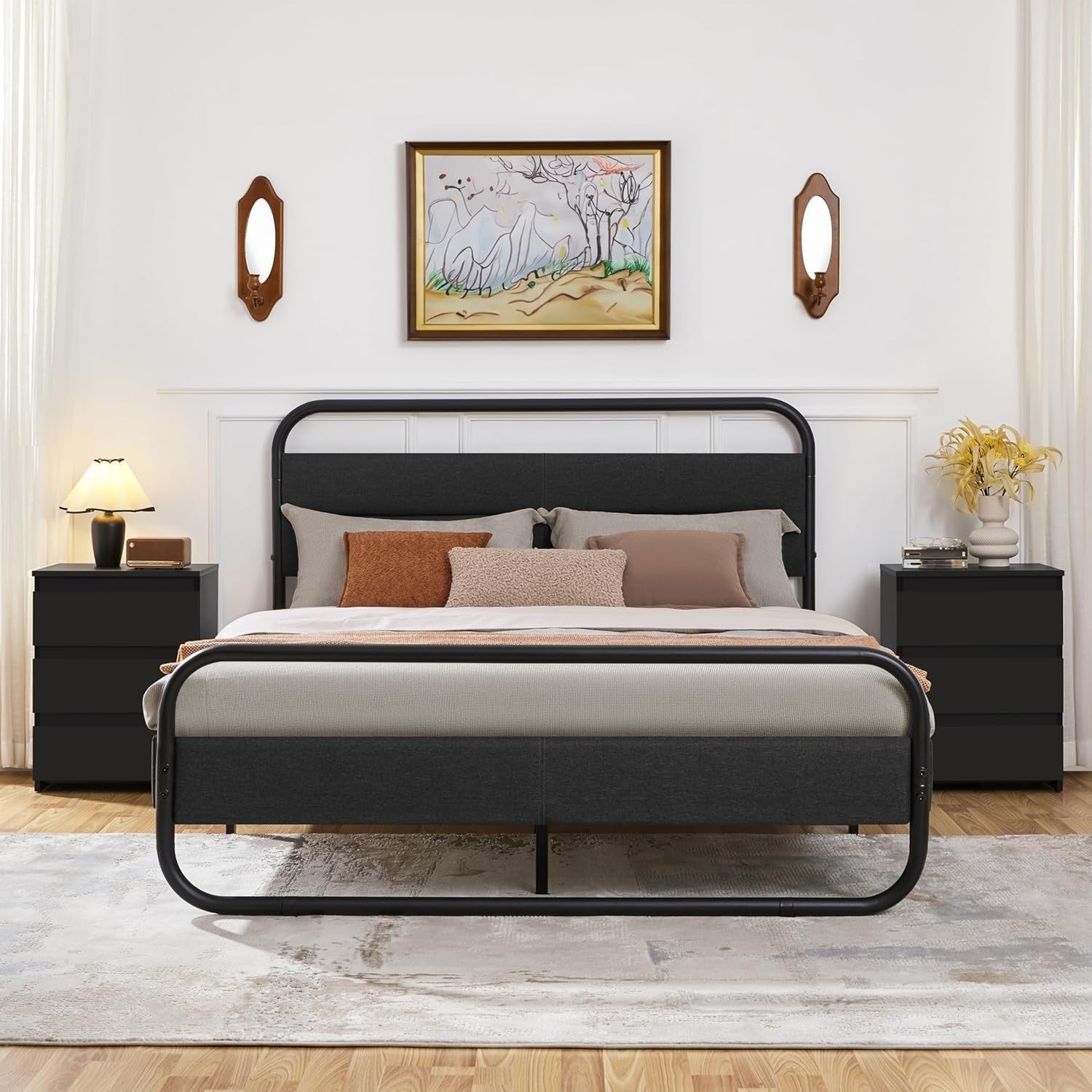 Set of 2 Black Bedside Tables with Drawers Modern Wooden Nightstands Bedroom