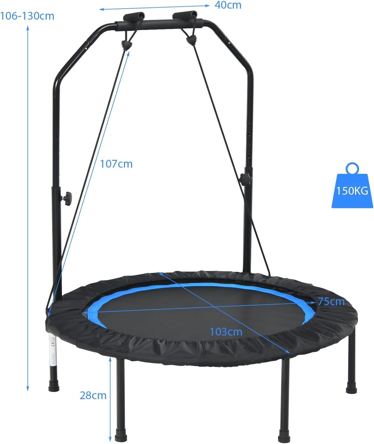 40in Foldable Mini Fitness Trampoline Adjustable Handle Bands