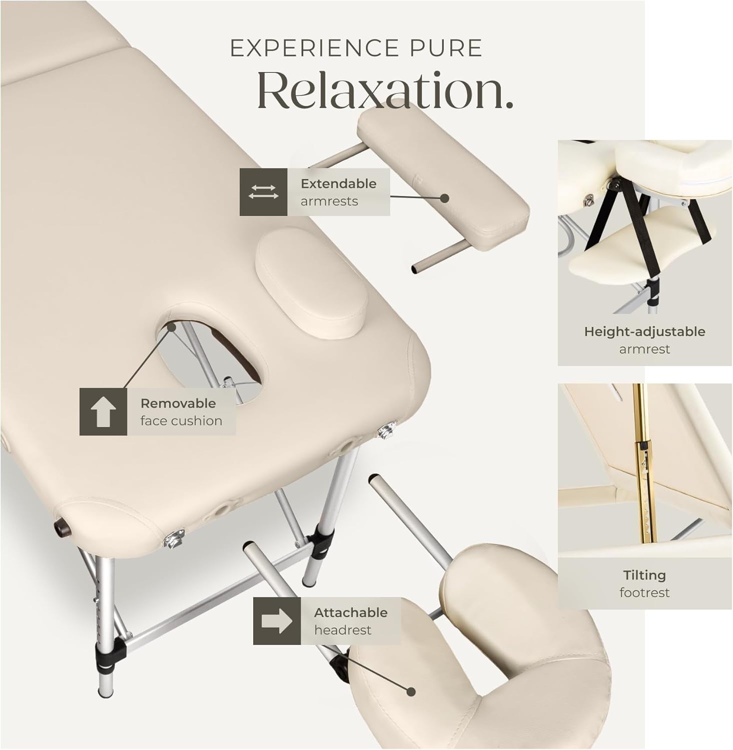 Portable 3 Section Massage Table Foldable Spa Beauty Bed 61cm Adjustable Beige