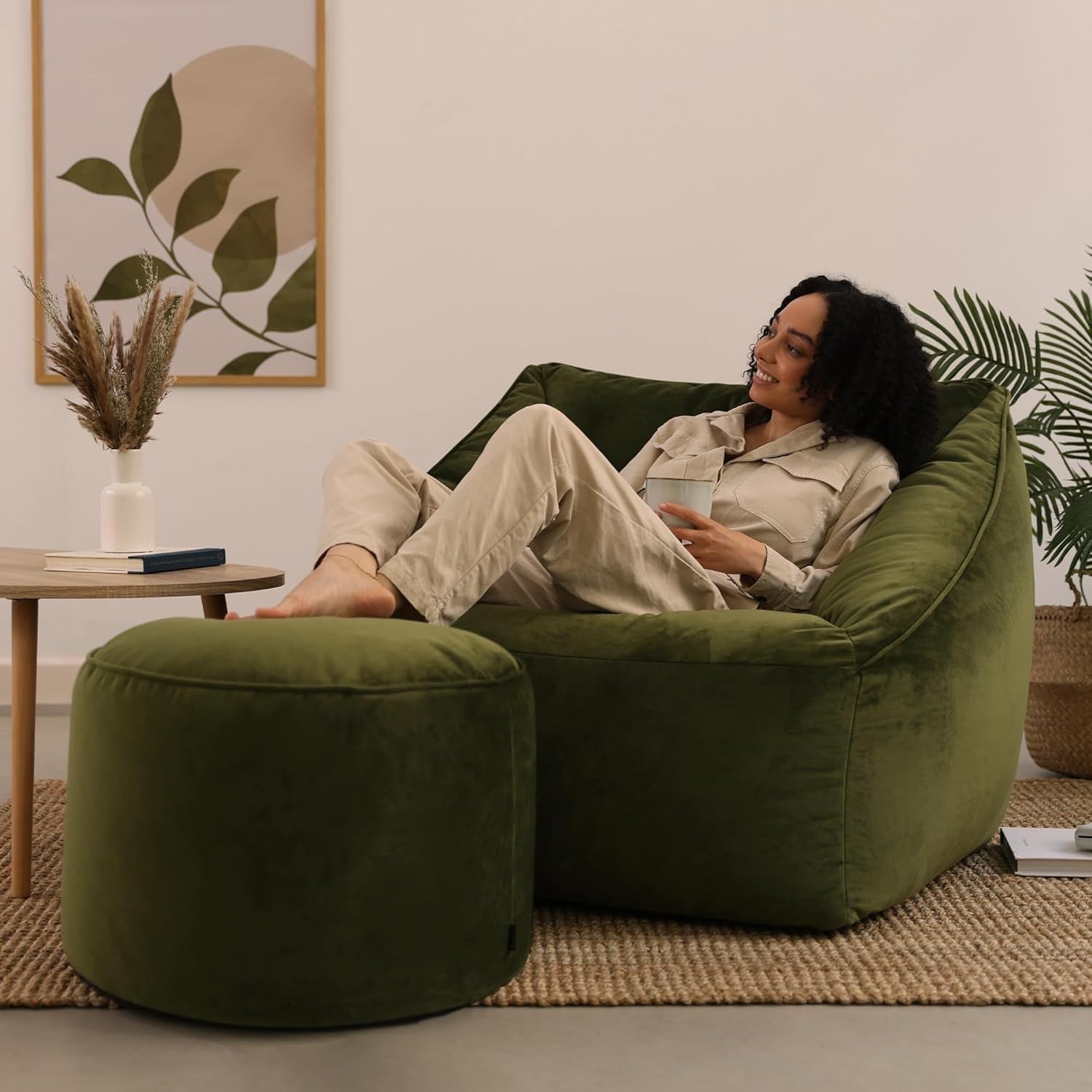 Large Olive Green Velvet Bean Bag Chair with Pouffe, Soft Filling & Support