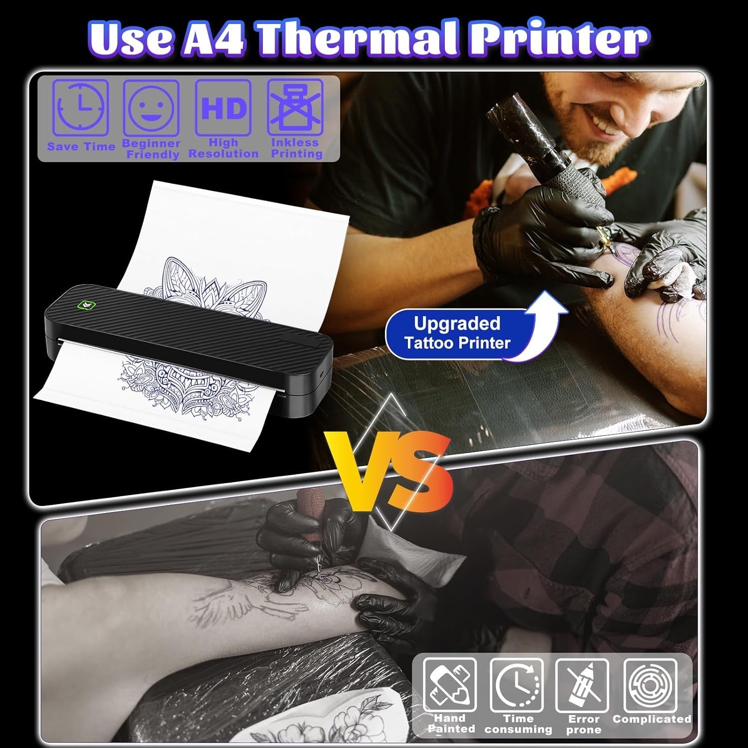 Wireless Tattoo Stencil Printer 2600mAh Black