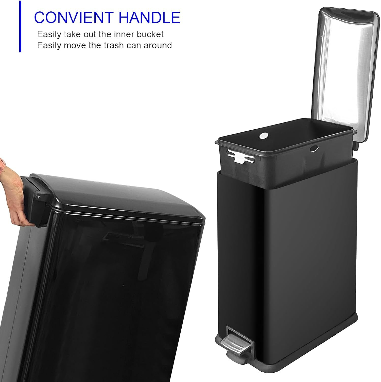 45L Black Stainless Steel Pedal Bin Slim Kitchen Soft Close Lid