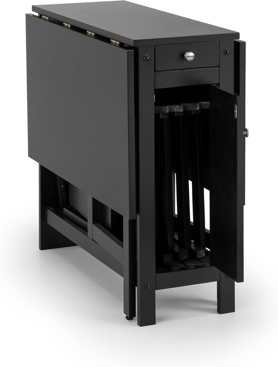 Compact Dining Table Set with Storage Drawer Foldable Chairs Black