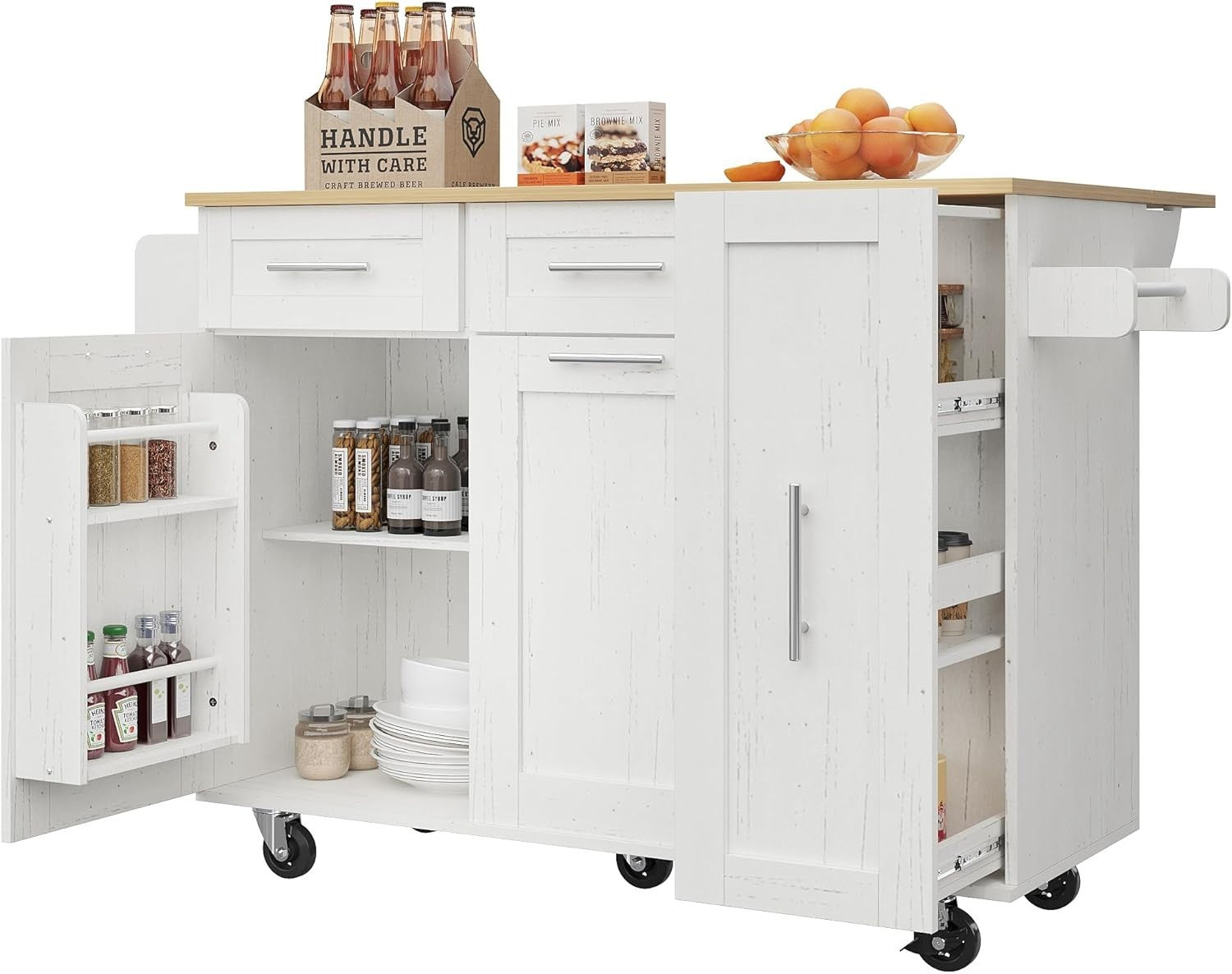 Rolling Kitchen Island Cart with Foldable Worktop, Snack Shelves & Lockable Whee