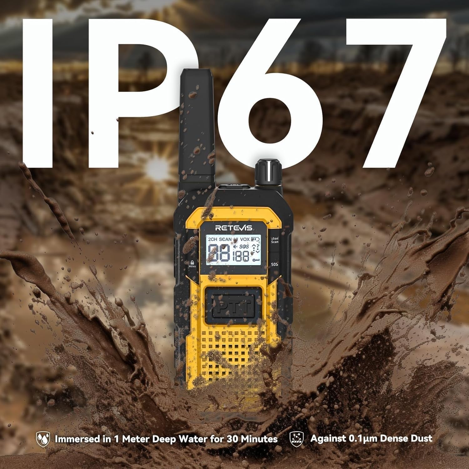 Heavy Duty Walkie Talkies IP67 Waterproof w Earpiece 6 Pack Charger