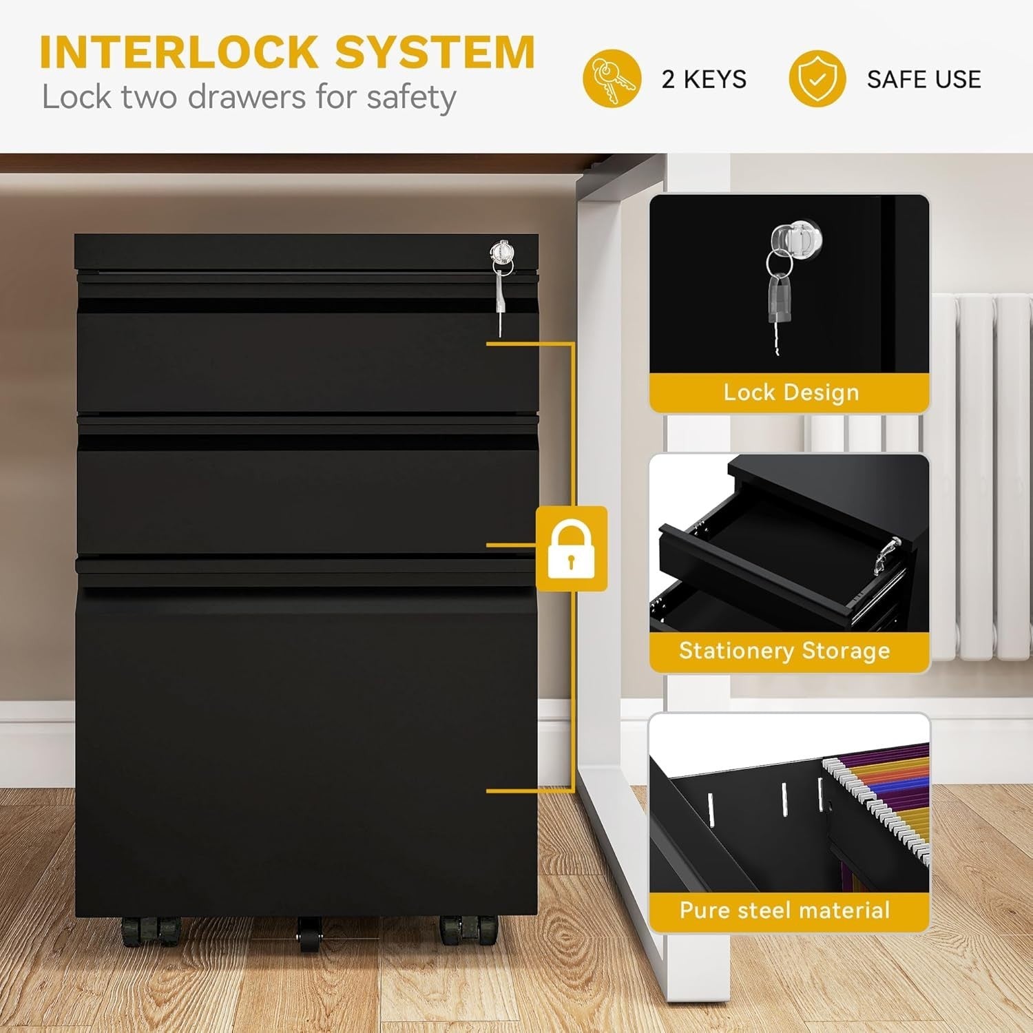 Black Locking Steel File Cabinet 3 Drawer Rolling Under Desk Storage