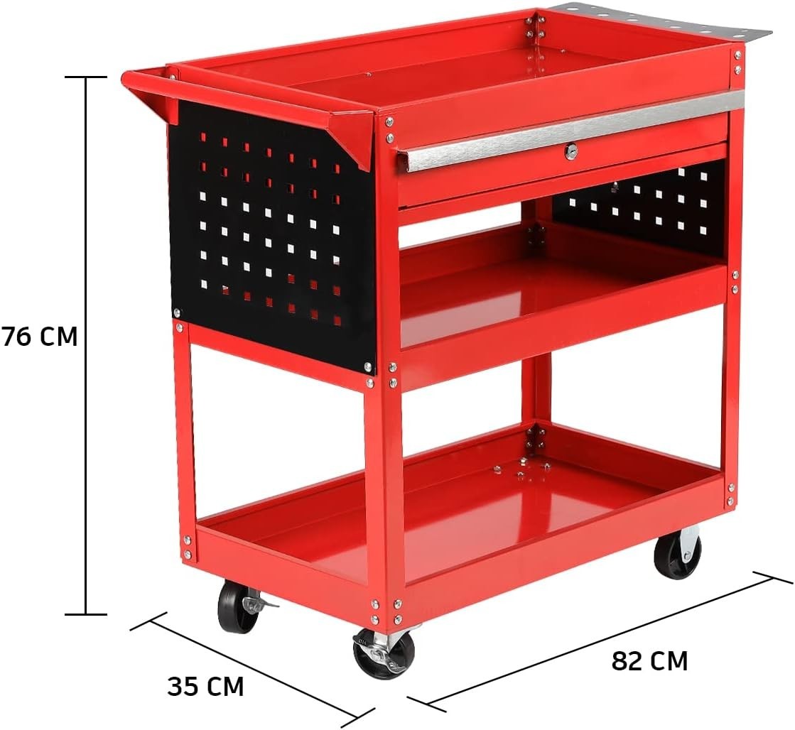 Heavy Duty Red 3-Tier Garage Tool Storage Trolley w/ Locking Wheels 35x82x76cm