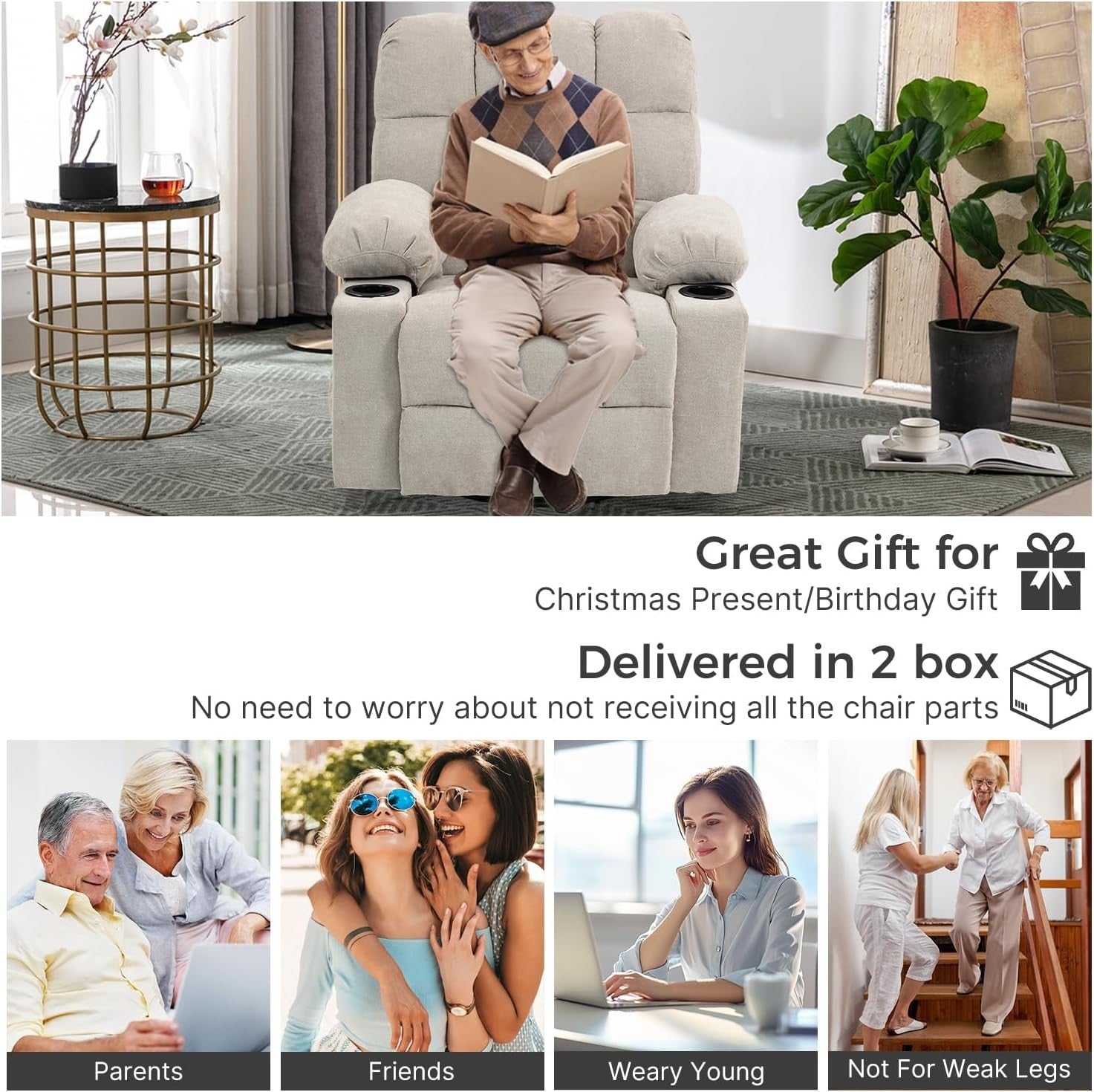 Recliner Chair Massage Heat Swivel Rocking Manual Footrest Cup Holders Beige