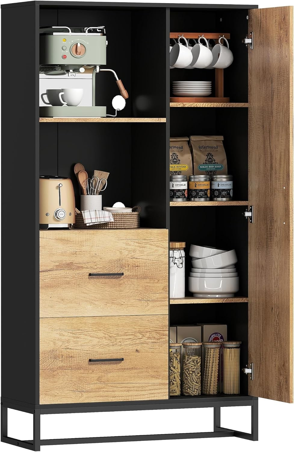 Freestanding Kitchen Storage Cabinet with Shelves Drawers & Microwave Stand